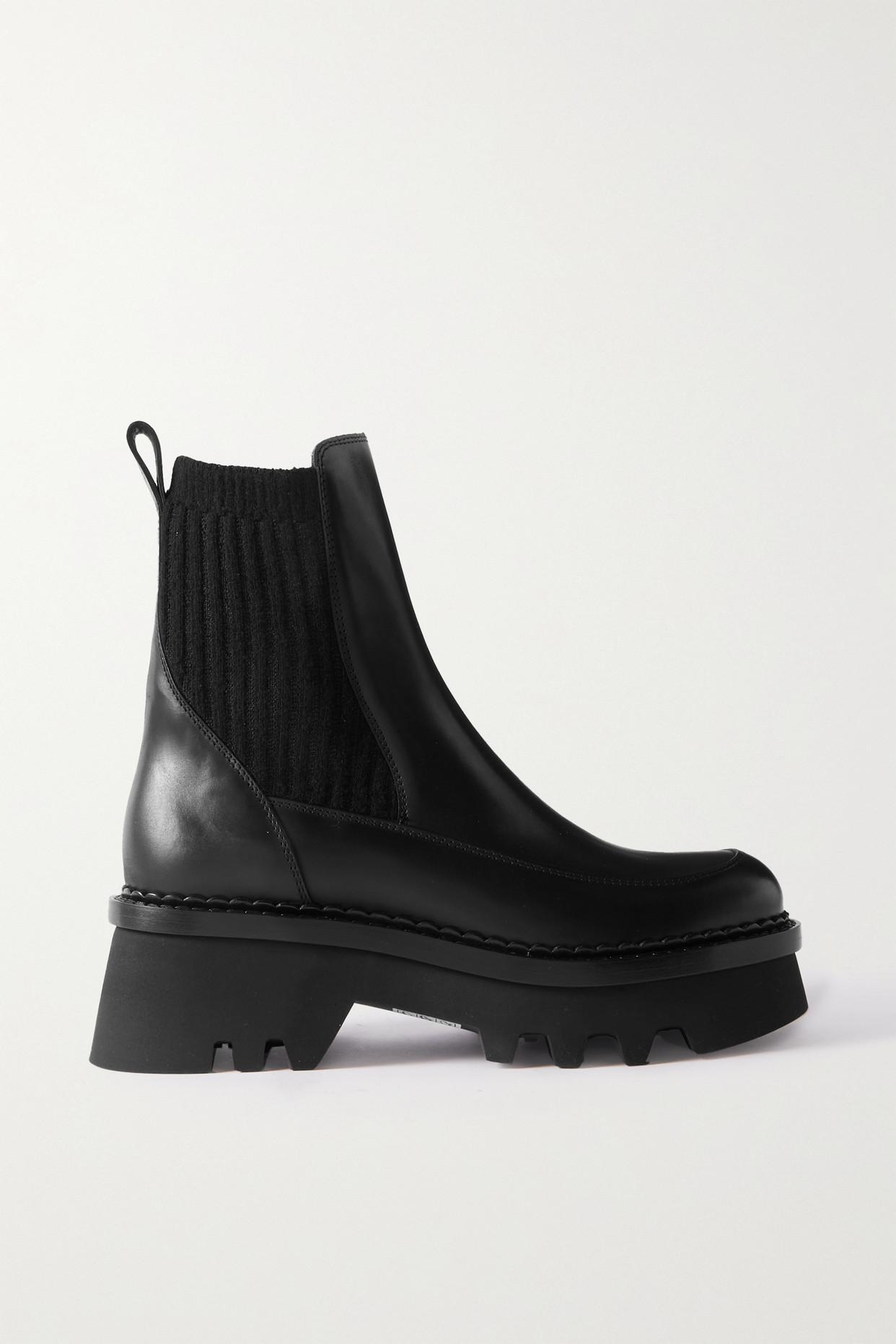 Chloé Owena Ribbed-knit And Leather Platform Chelsea Boots in Black | Lyst