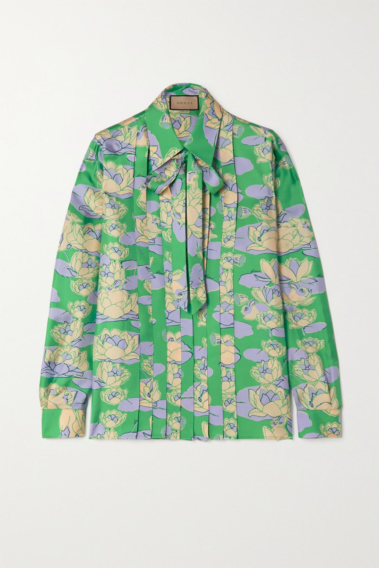 Gucci Pussy-bow Floral-print Silk Shirt in Green | Lyst