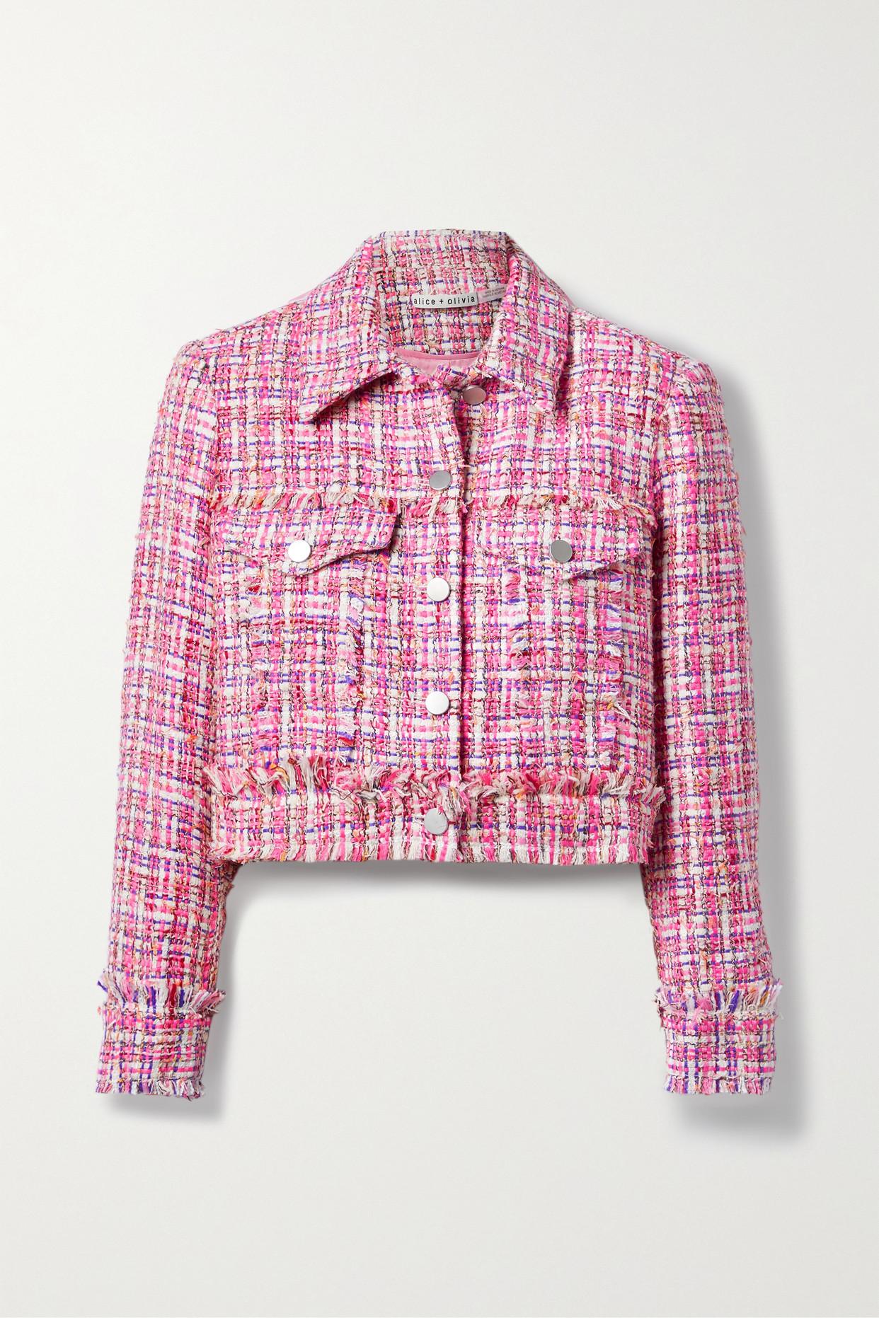 Alice + Olivia Chloe Cropped Frayed Bouclé Jacket in Pink | Lyst