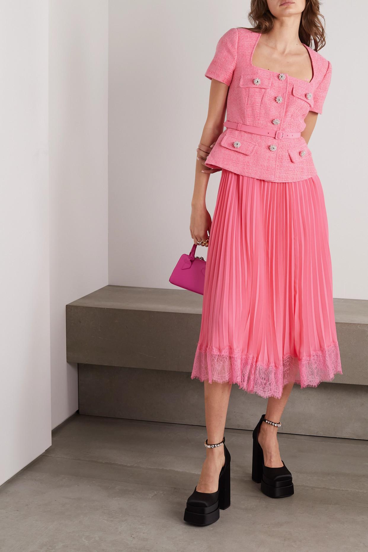 【Self-Portrait】Pink Boucle llic Tiered Midi Dress Pink Lace Ruffle Midi Dress – self-portrait