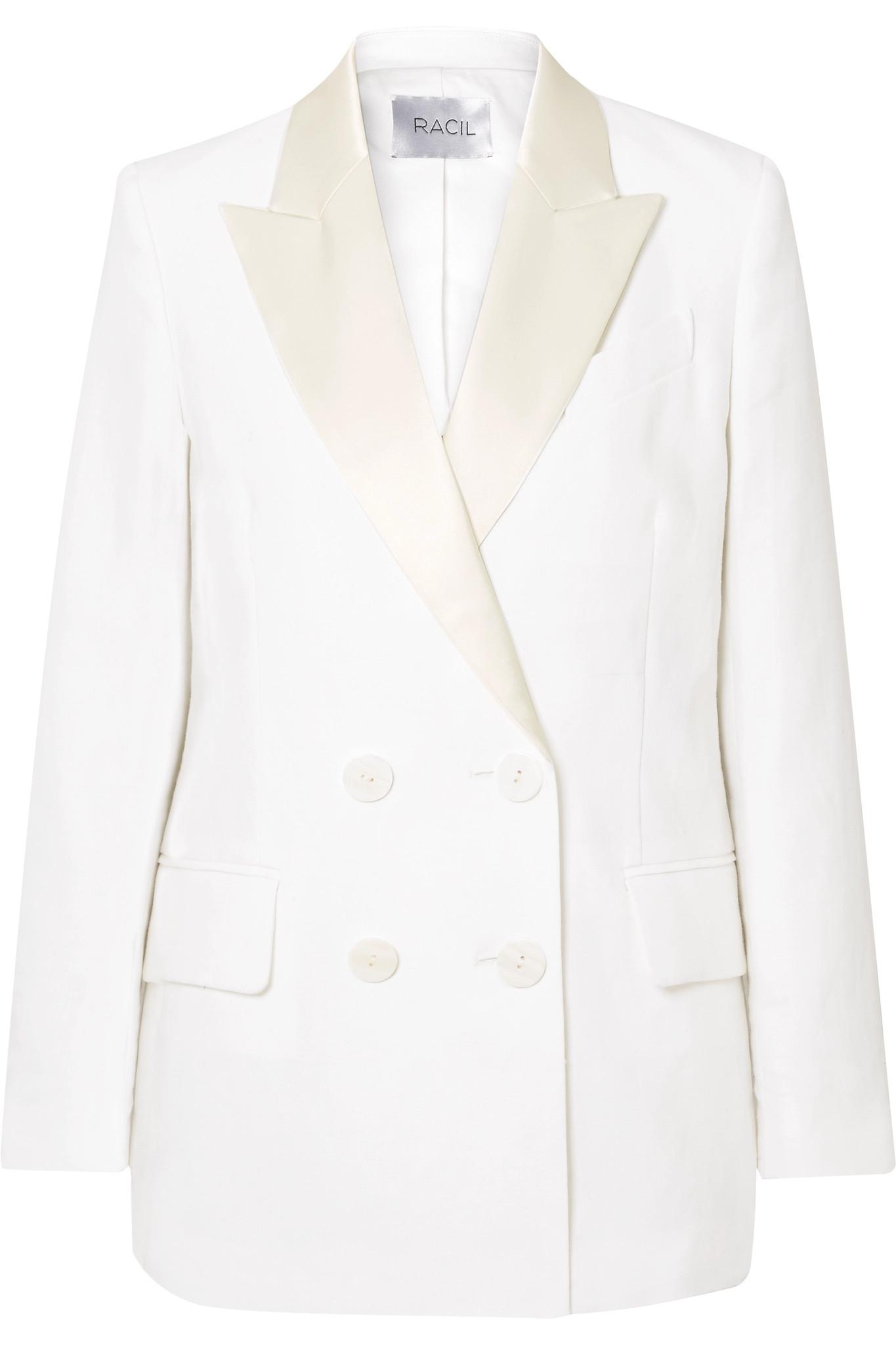 Racil Casablanca Double-breasted Satin-trimmed Linen Blazer in White - Lyst
