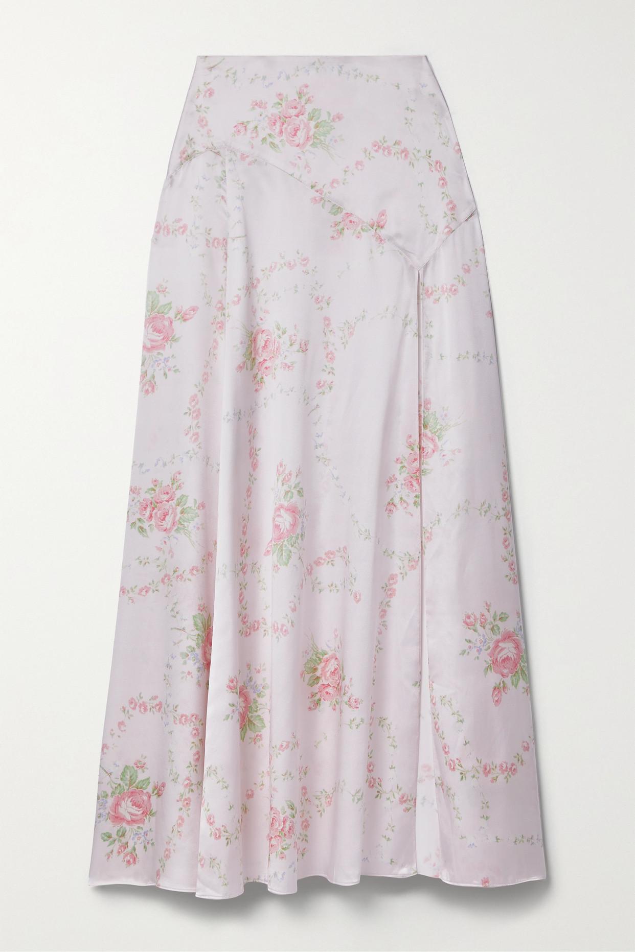 LoveShackFancy Ziggy Floral-print Silk-charmeuse Maxi Skirt in Pink | Lyst