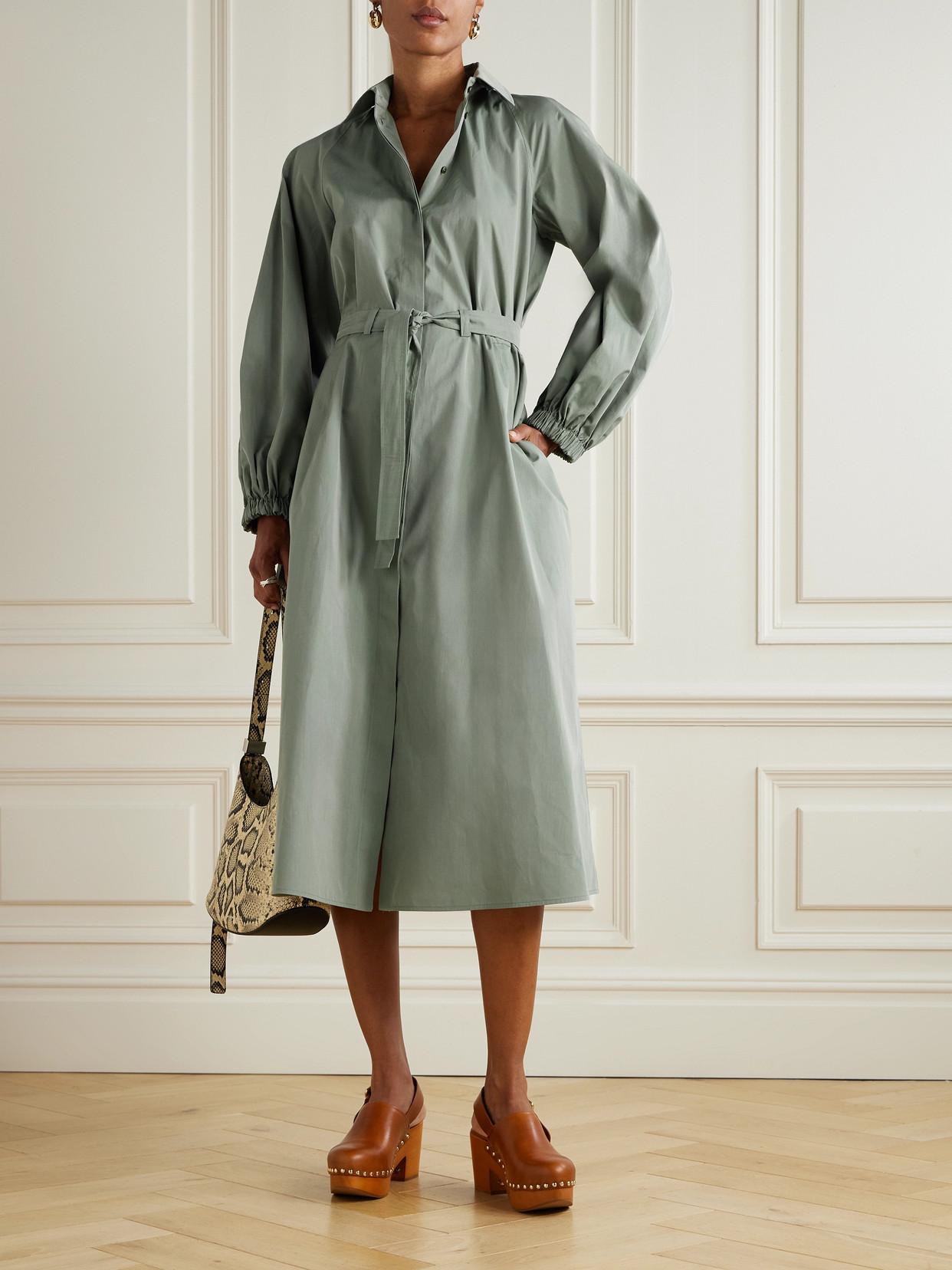 Max Mara Viale Belted Cotton-Poplin Midi Shirt Dress in Green