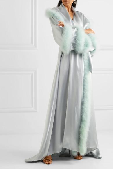Dolce & Gabbana Oversized Feather-trimmed Silk-satin Robe in Blue | Lyst