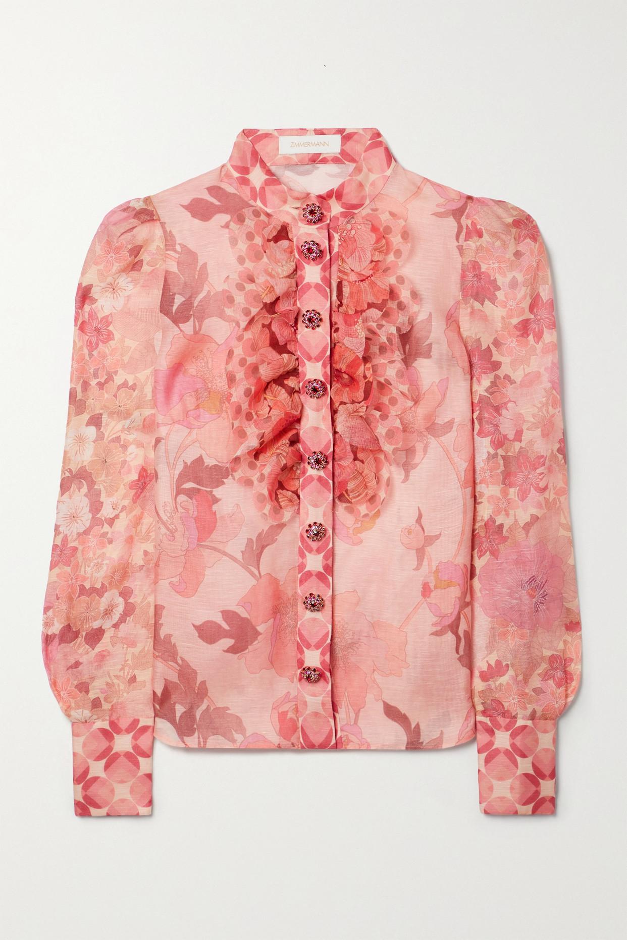 Zimmermann Concert Ruffled Floral-print Linen And Silk-blend Voile Blouse  in Pink