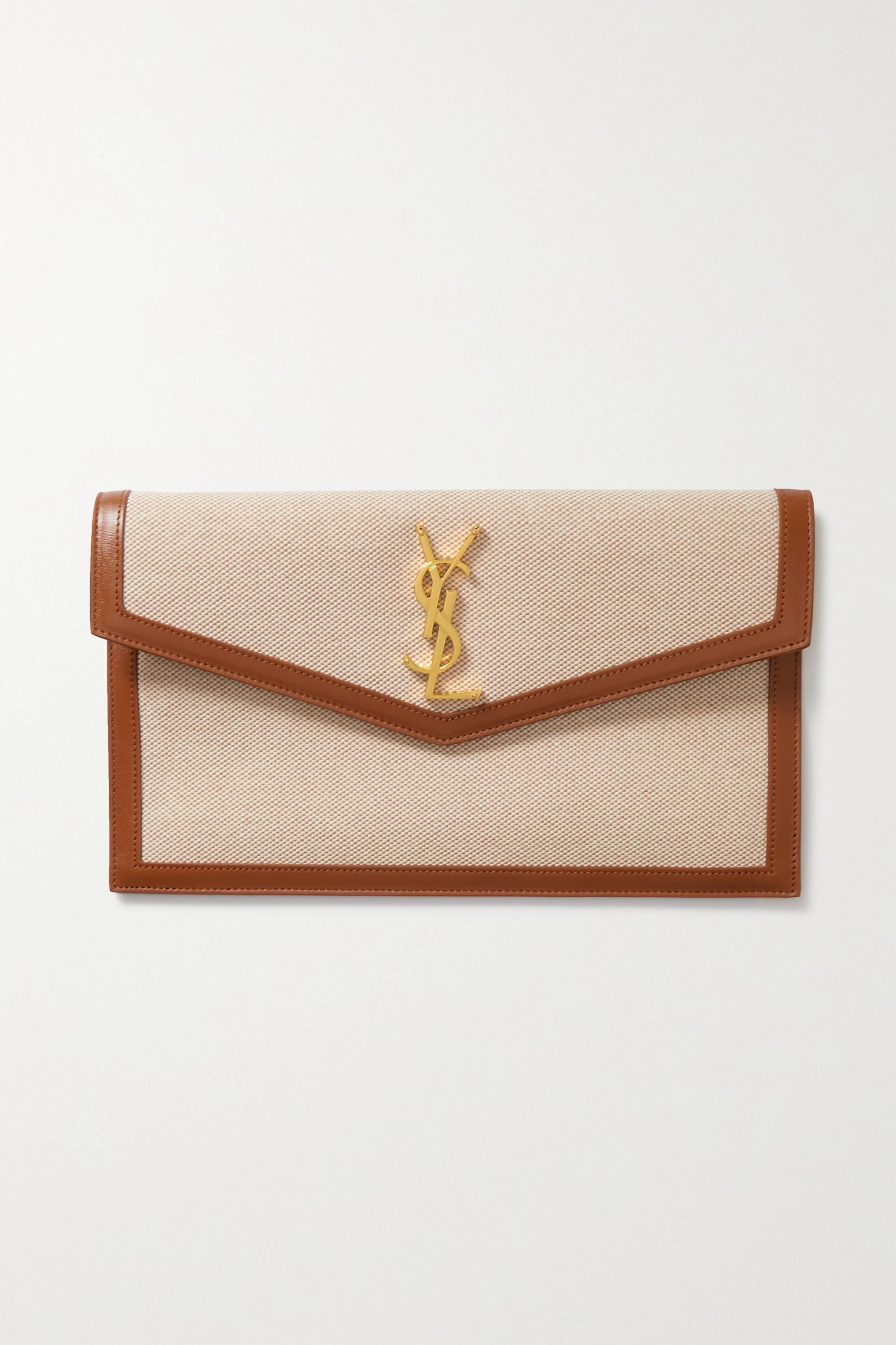 Saint Laurent Uptown leather-trimmed raffia clutch