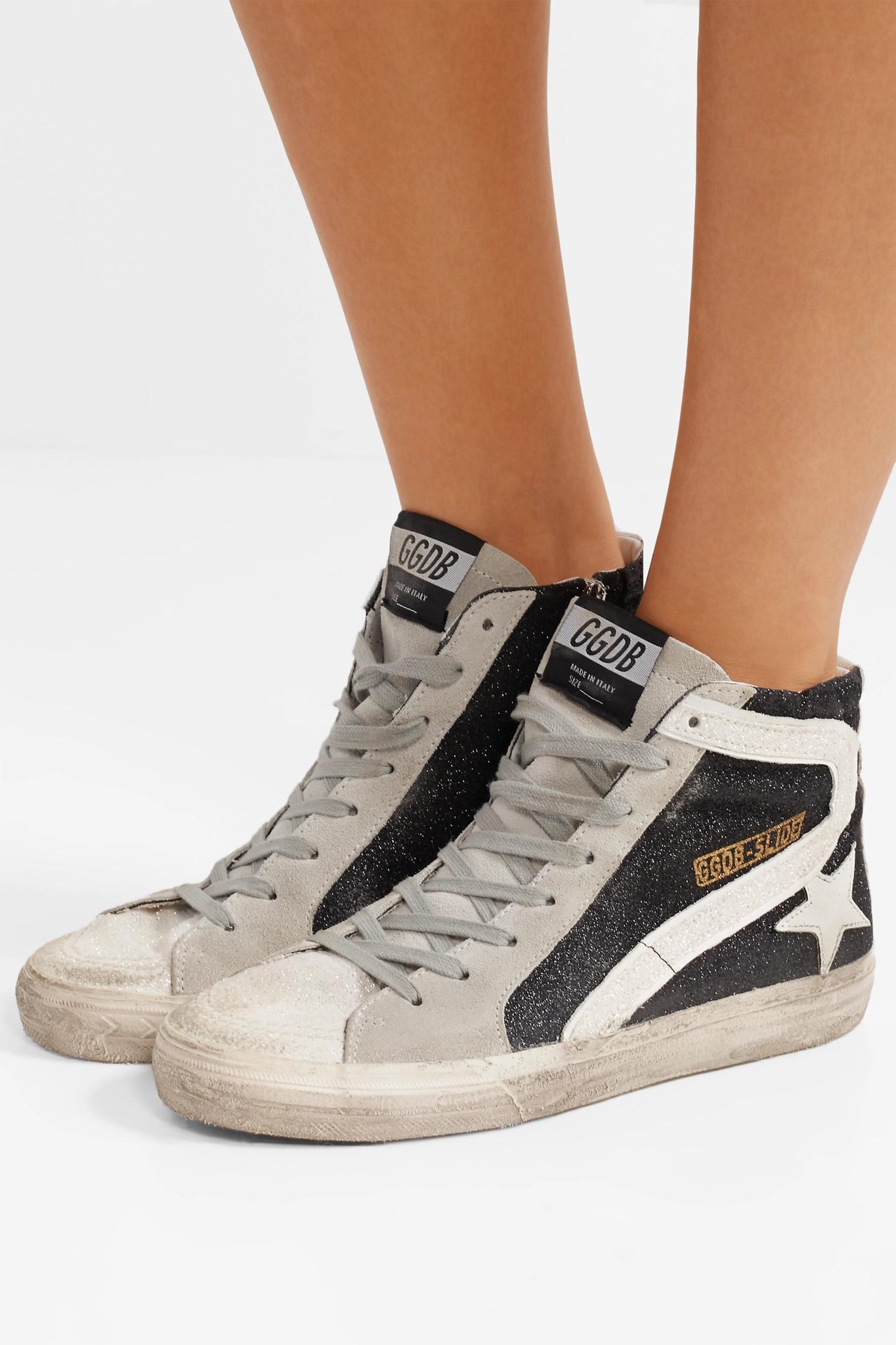 Golden Goose Slide Glittered Distressed Suede High-top Sneakers Black | Lyst