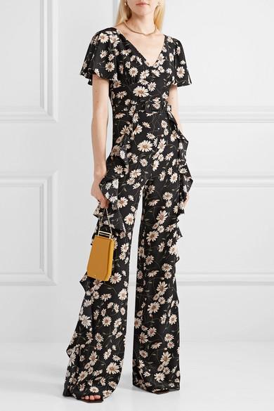 Michael Kors Ruffled Floral-print Silk-crepe Jumpsuit in Black | Lyst