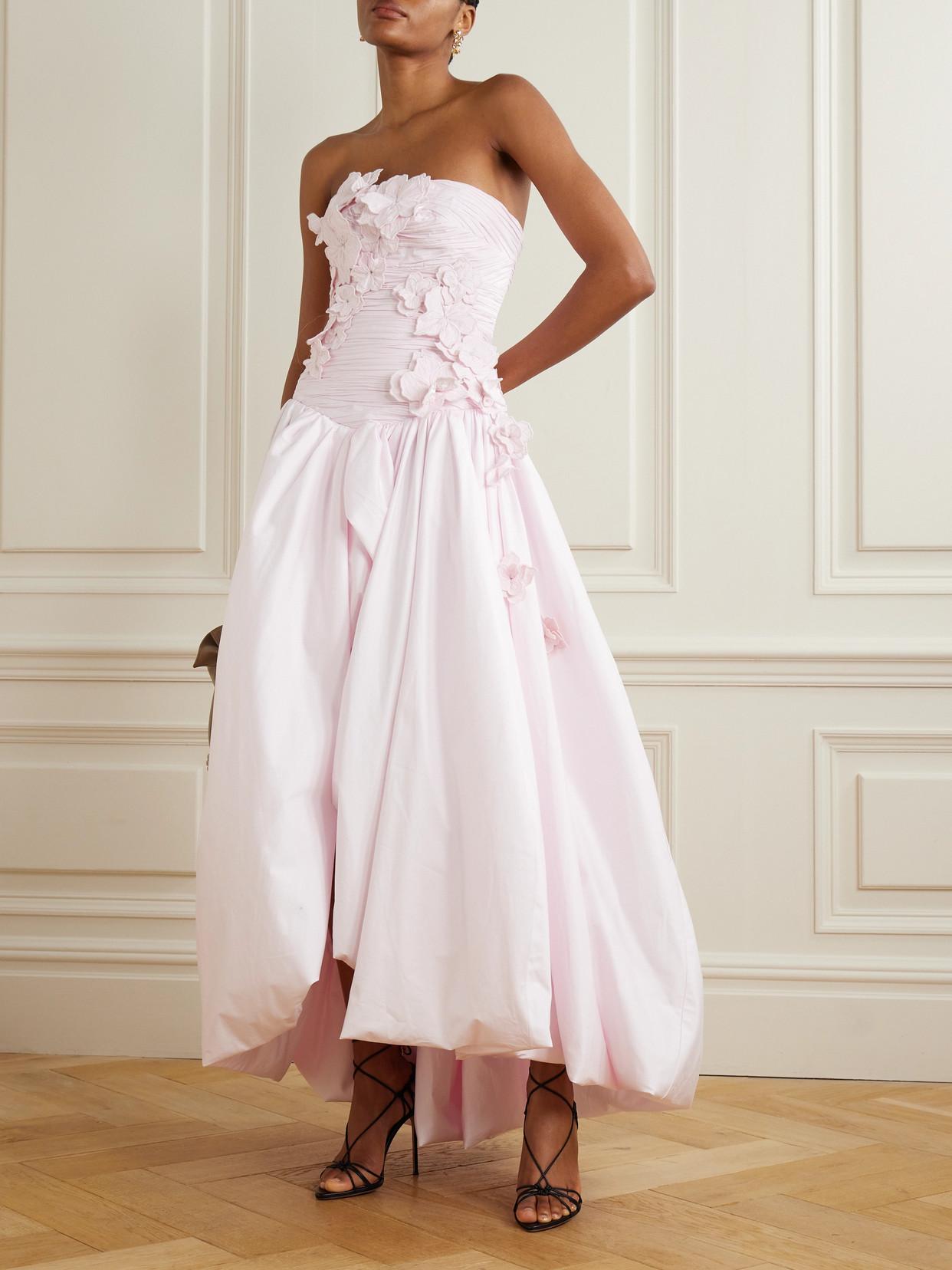 strapless open back dress Aje. Selestia Pink Strapless Ruffled Mini Dress