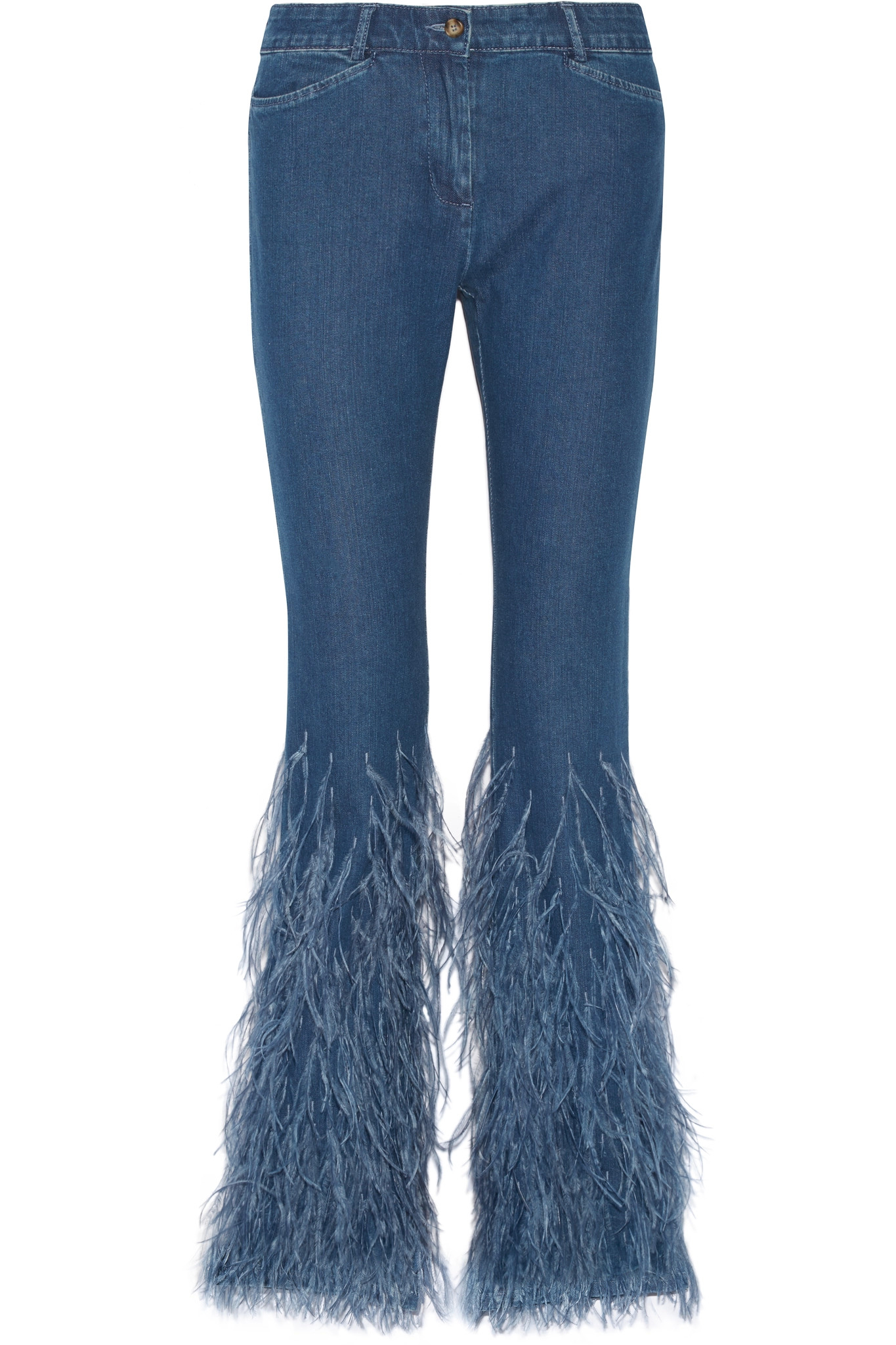 Michael Kors Denim Feather-trimmed Mid-rise Flared Jeans in Mid Denim  (Blue) - Lyst