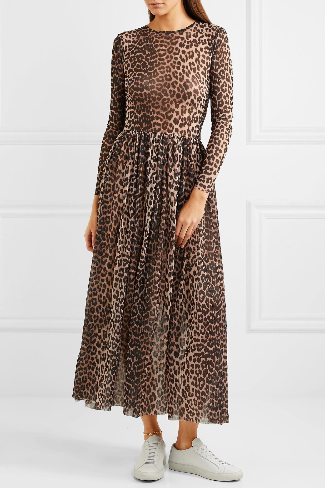 Ganni Tilden Leopard-print Stretch-mesh Dress in Brown | Lyst