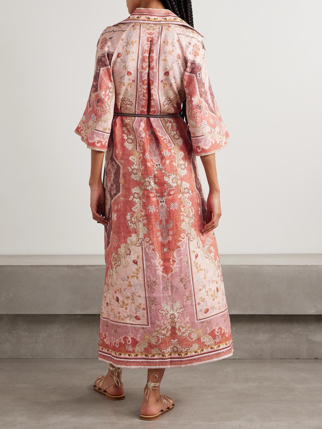 Zimmermann Wylie Belted Printed Linen Midi Dress in Pink | Lyst