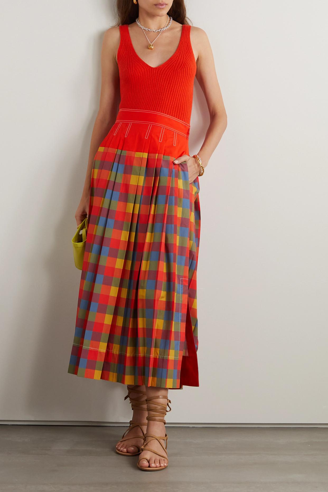Tory Burch Veronica Pleated Checked Cotton-poplin Maxi Skirt in Red | Lyst  UK
