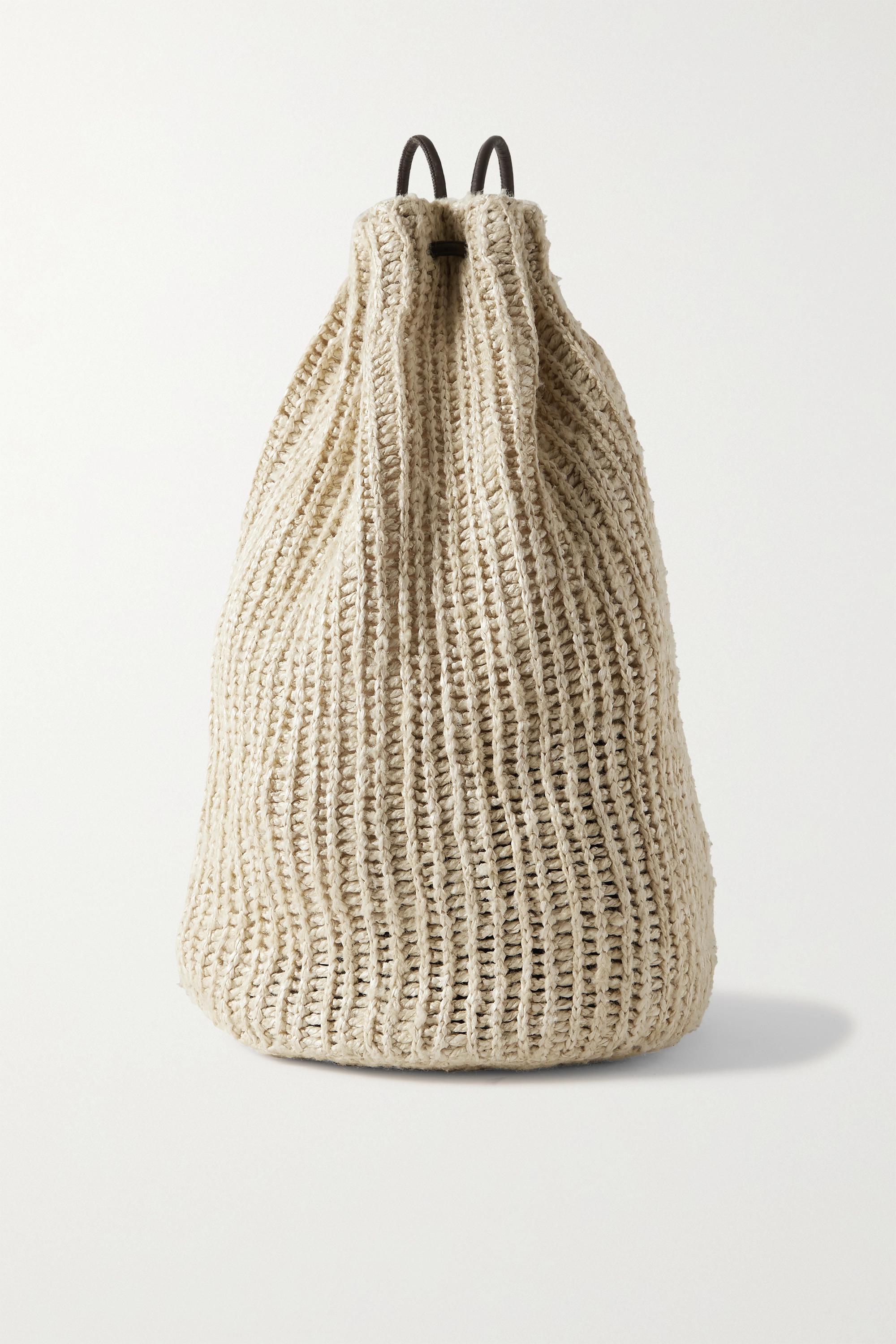 Kiki Leather-Trimmed Woven Raffia Backpack