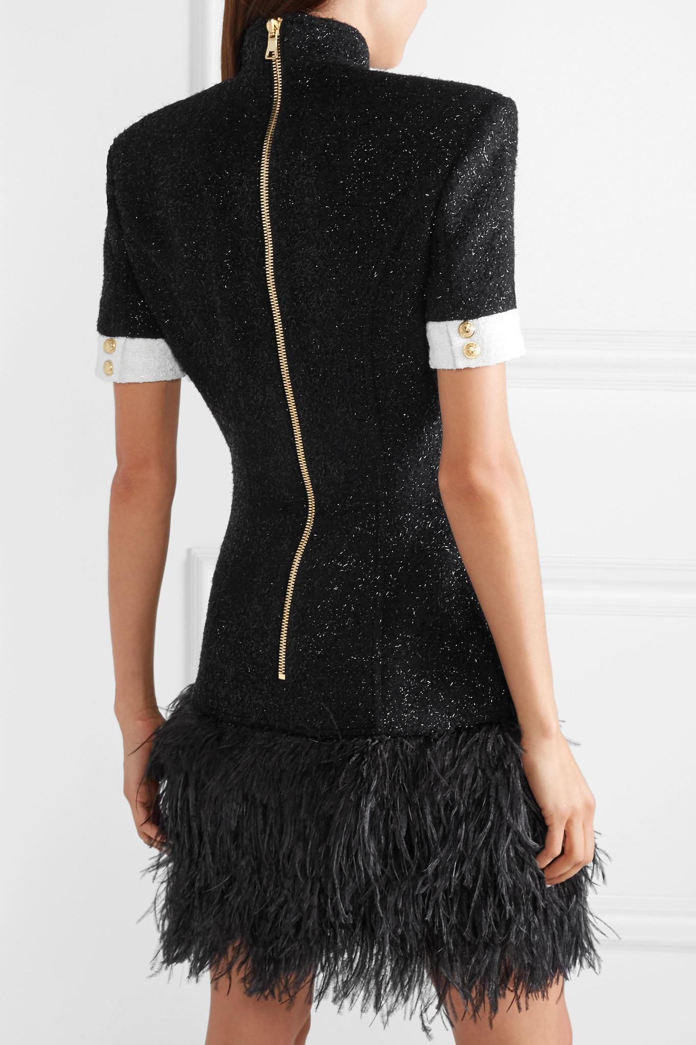 Balmain Metallic Tweed Dress With Ostrich Feathers in Black - Lyst
