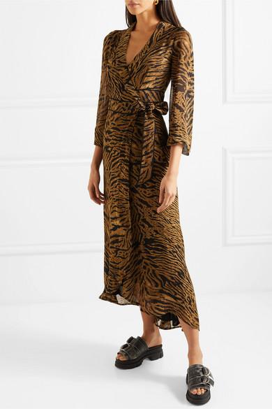 Ganni Synthetic Tiger-print Georgette Wrap Dress in Brown - Lyst