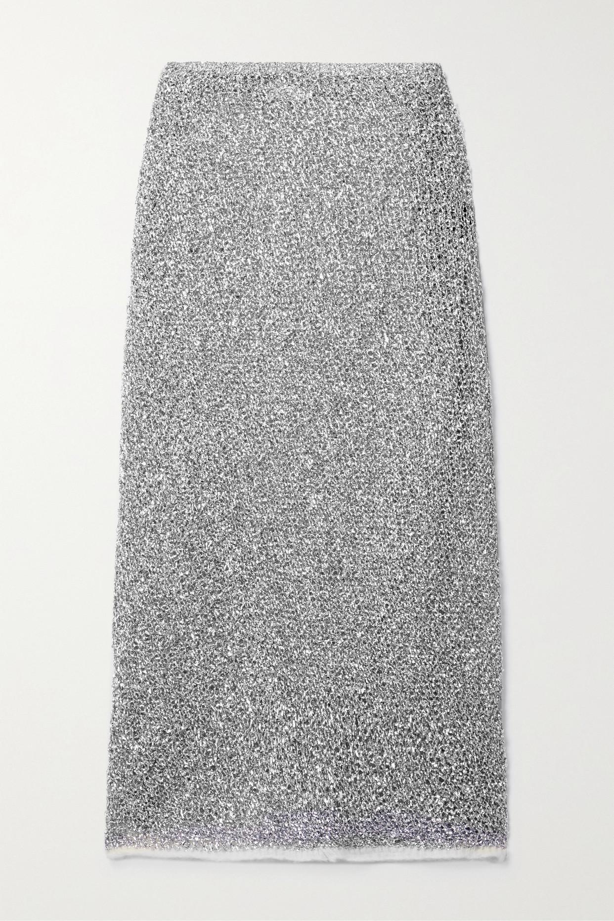 Dries Van Noten Tempe Fleece-trimmed Metallic Open-knit Midi Skirt in Gray  | Lyst
