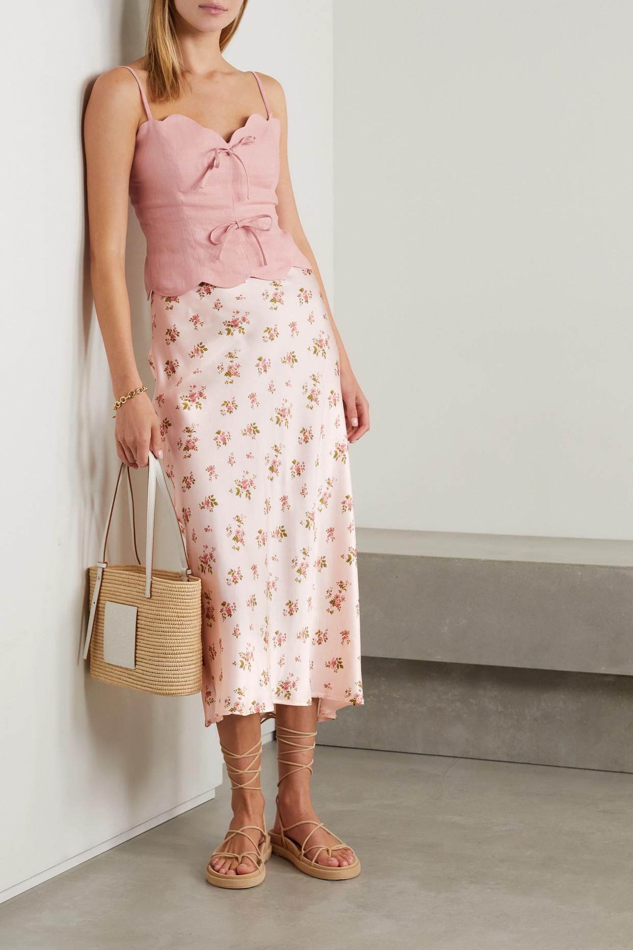 Reformation Pratt Floral-print Silk-satin Midi Skirt in Pink | Lyst