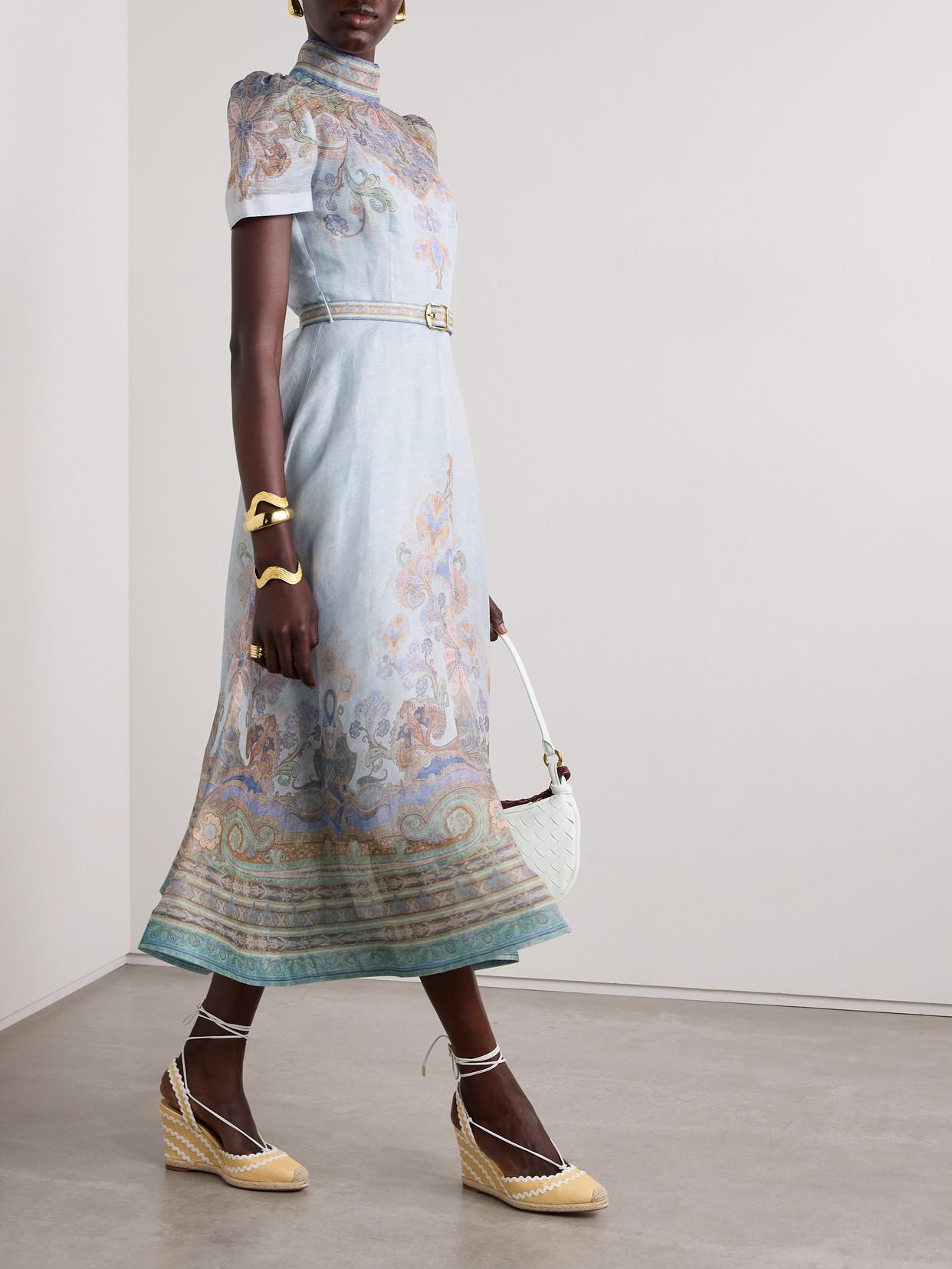 zimmermann eden tiered midi dress Zimmermann Eden Belted Printed Linen And Silk-Blend Midi Dress in Blue