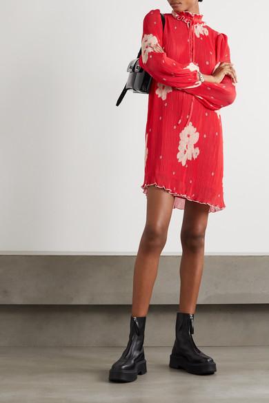 Prestige Transparant Omgeving Ganni Floral Pleat Georgette Mini Dress in Red | Lyst