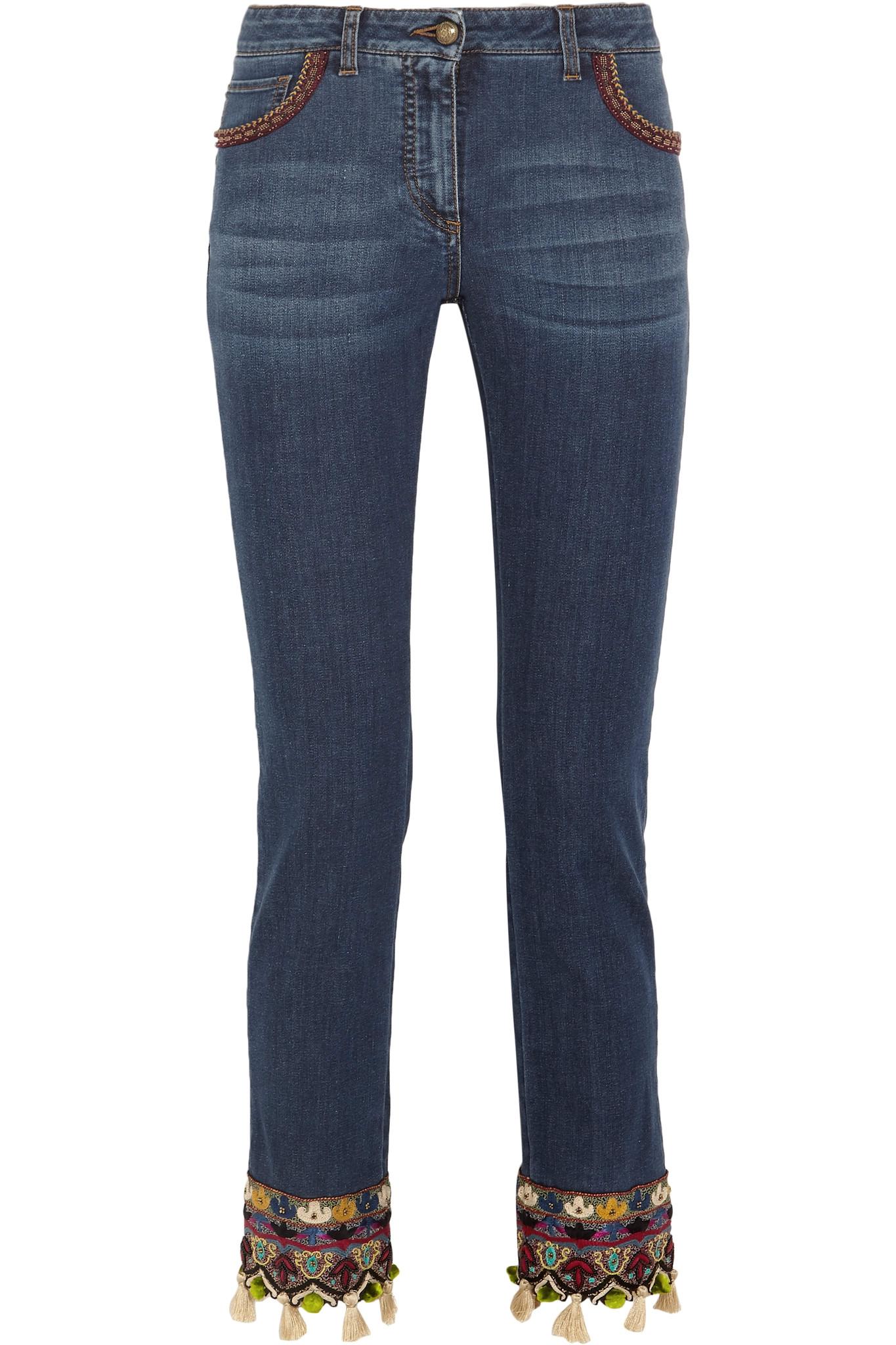 Etro Denim Embellished Embroidered Mid-rise Slim-leg Jeans in Blue - Lyst