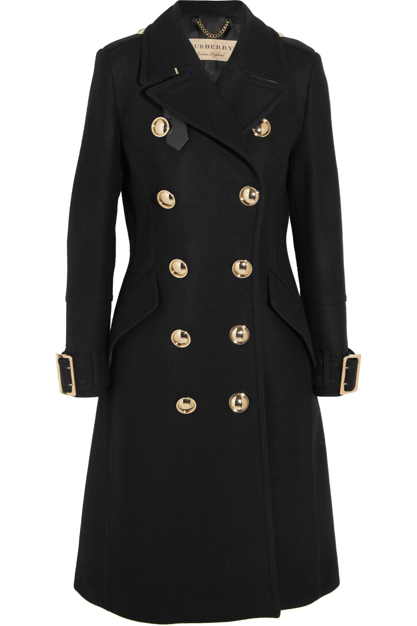 Burberry Leather-trimmed Double-breasted Wool-blend Coat in Black | Lyst