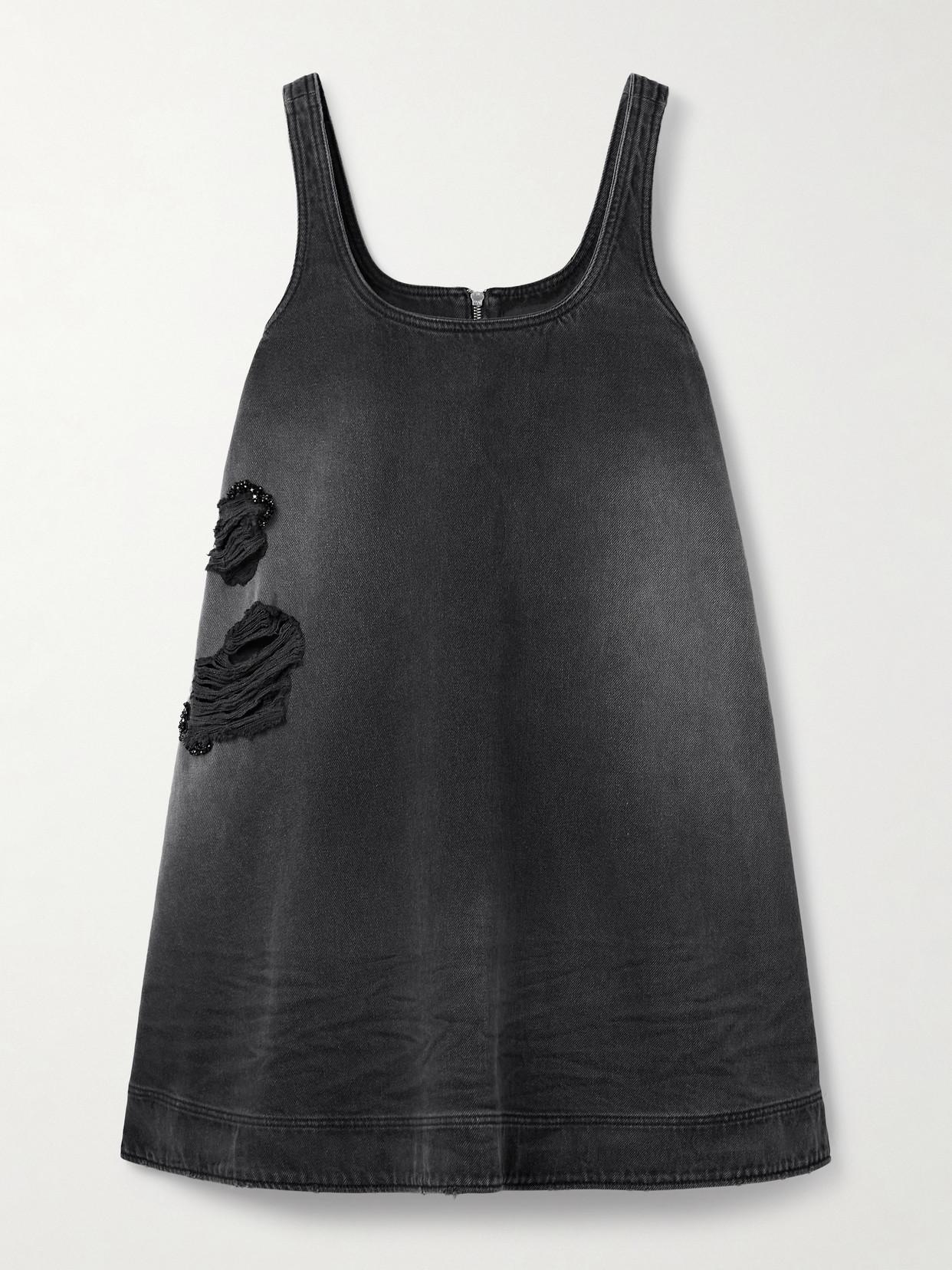 black distressed denim dress Distressed Denim Maxi Shirt Dress in Washed Black