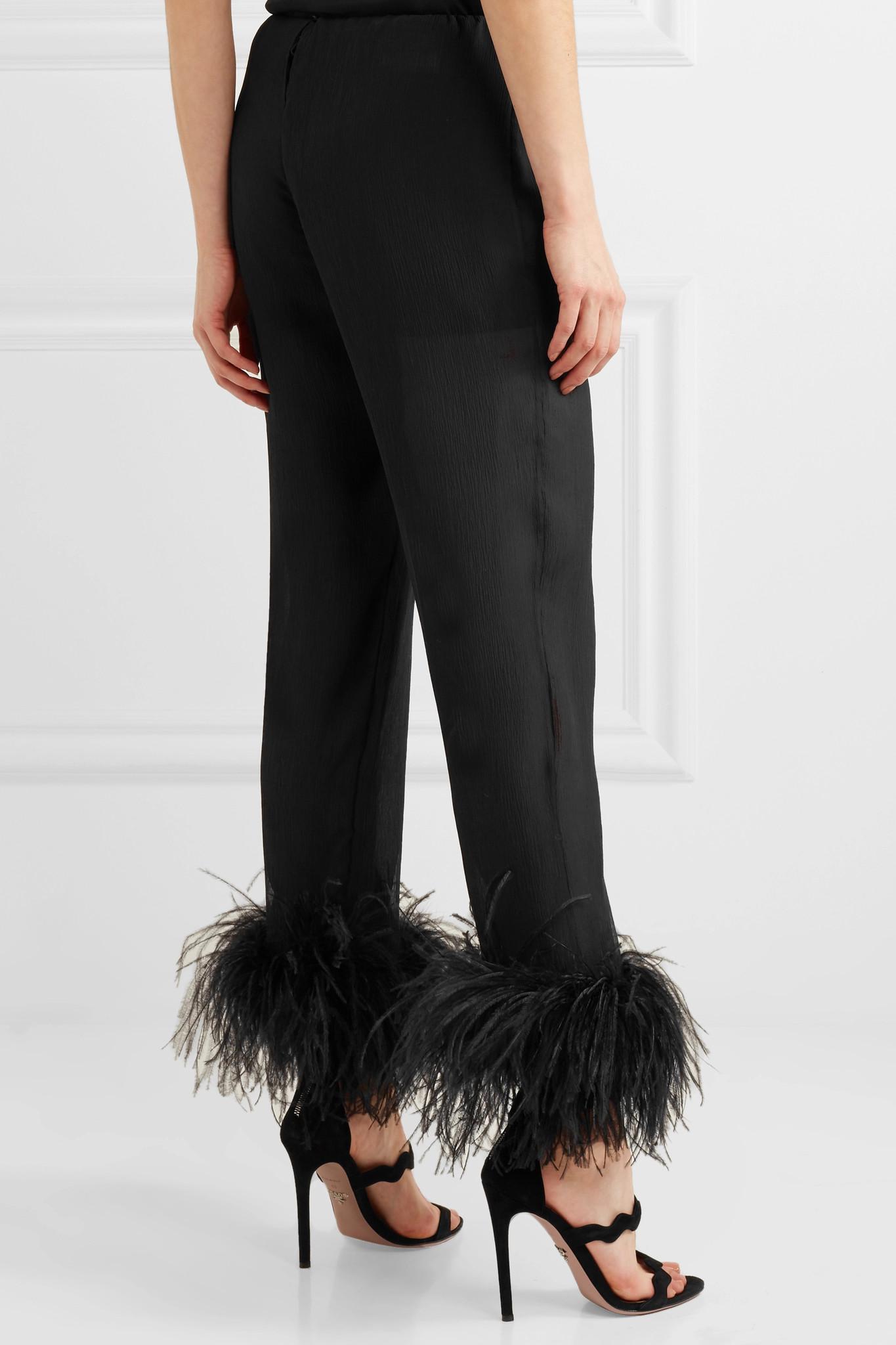 Prada Feathertrimmed Crinkled Silkchiffon Straightleg Pants in Black