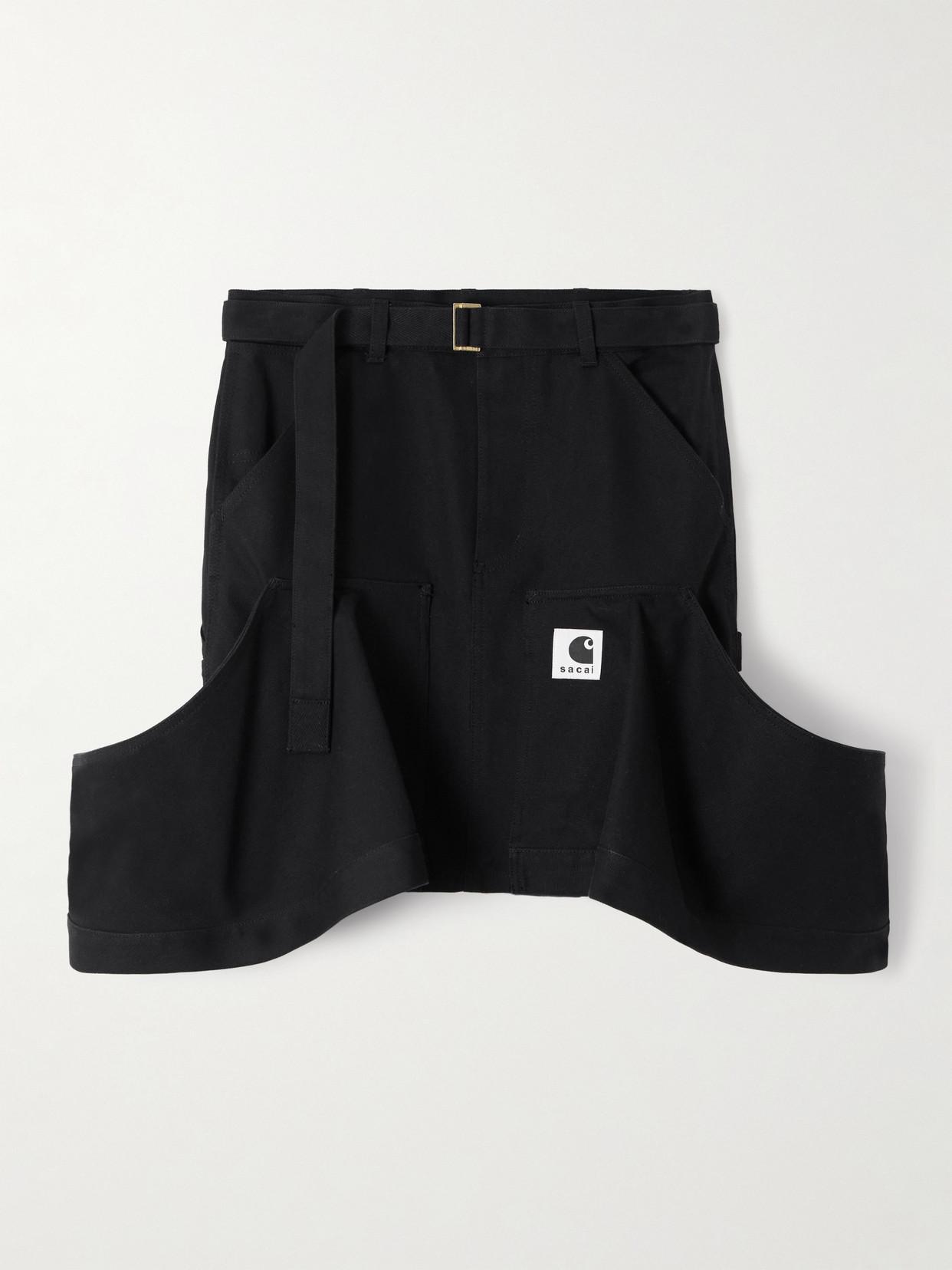 Sacai Carhartt Wip Belted Draped Cotton-Canvas Mini Skirt in Black