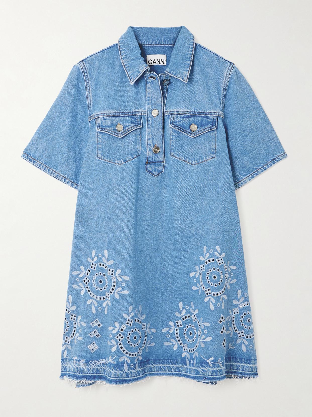 ganni broderie anglaise dress blue Frayed Denim Mini Shirt in Ladies dresses