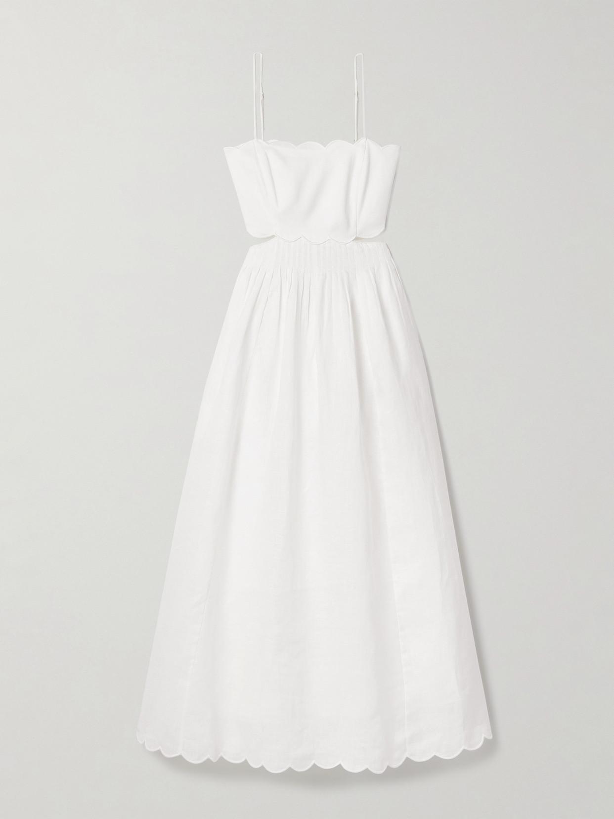 Zimmermann Rhiannon Cutout Pleated Scalloped Linen-Voile Midi Dress in  White | Lyst