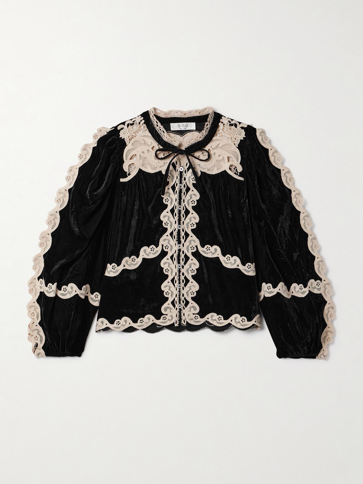 Sea Medina Guipure Lace-Trimmed Velvet Blouse in Black | Lyst