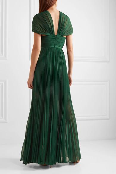 Self-Portrait Pleated Long Dress in Green | Lyst