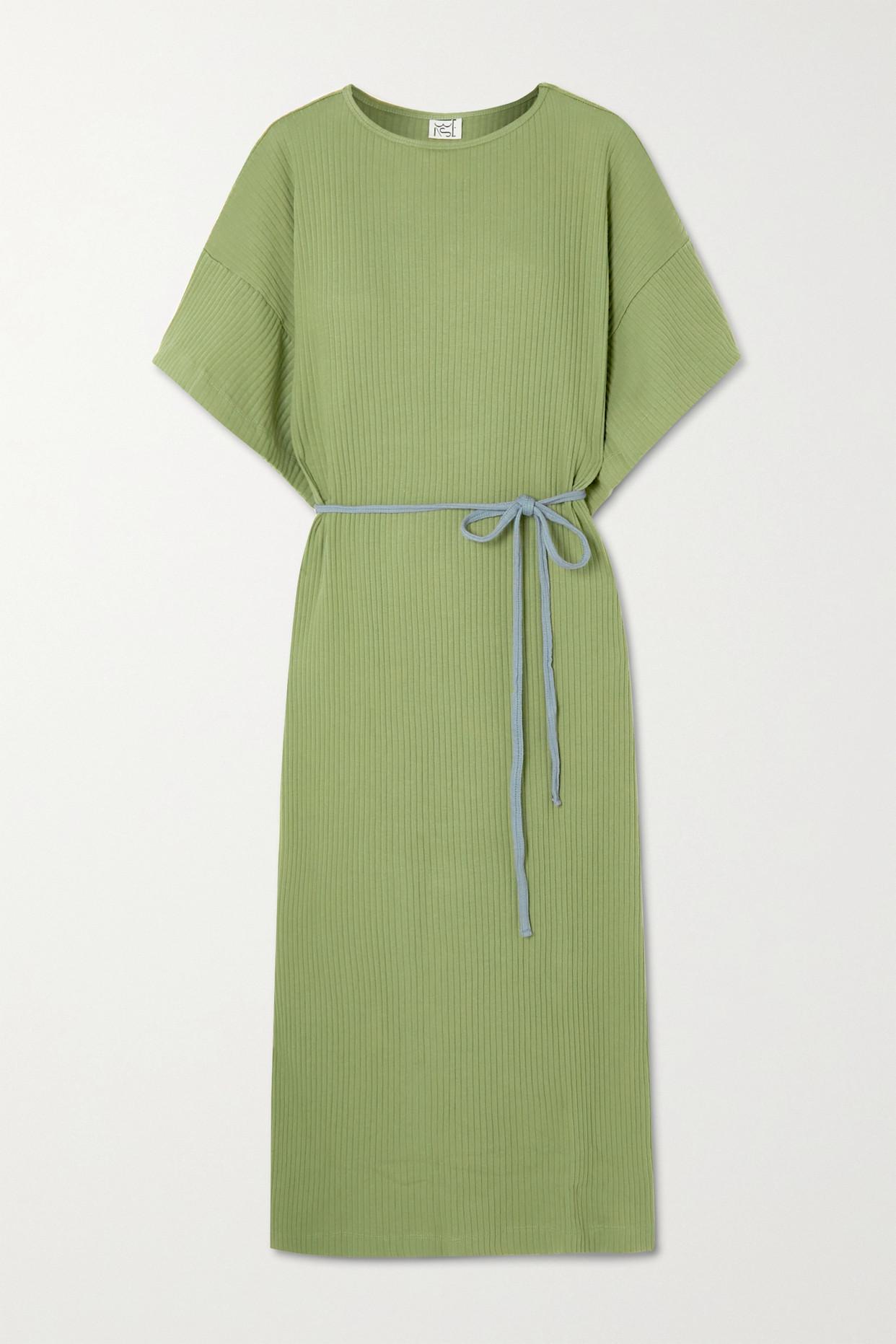 Baserange Clair Cutout Two-tone Ribbed Organic Cotton Wrap Midi Dress in  Green | Lyst