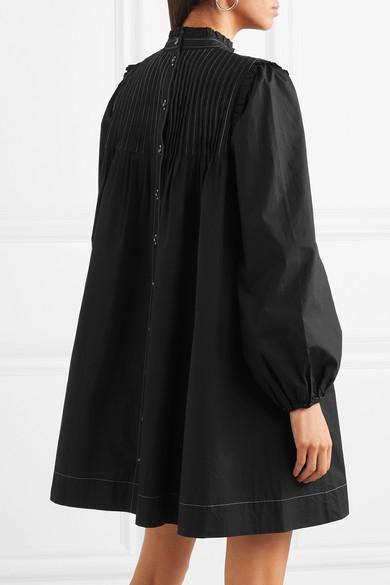 Ganni Pintucked Cotton-poplin Dress in Black | Lyst