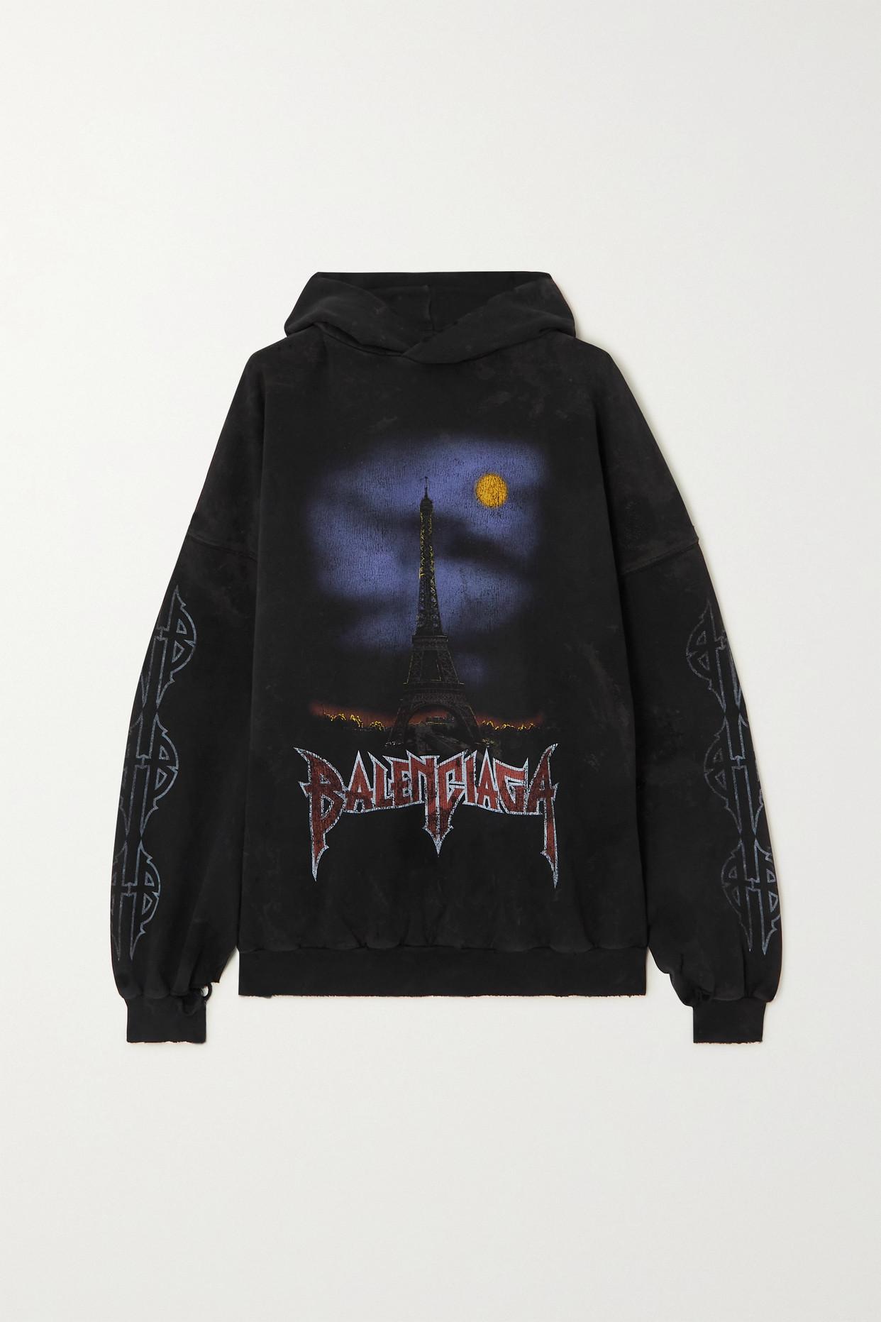 Balenciaga Oversized Distressed Printed Cotton-jersey Hoodie in Black | Lyst
