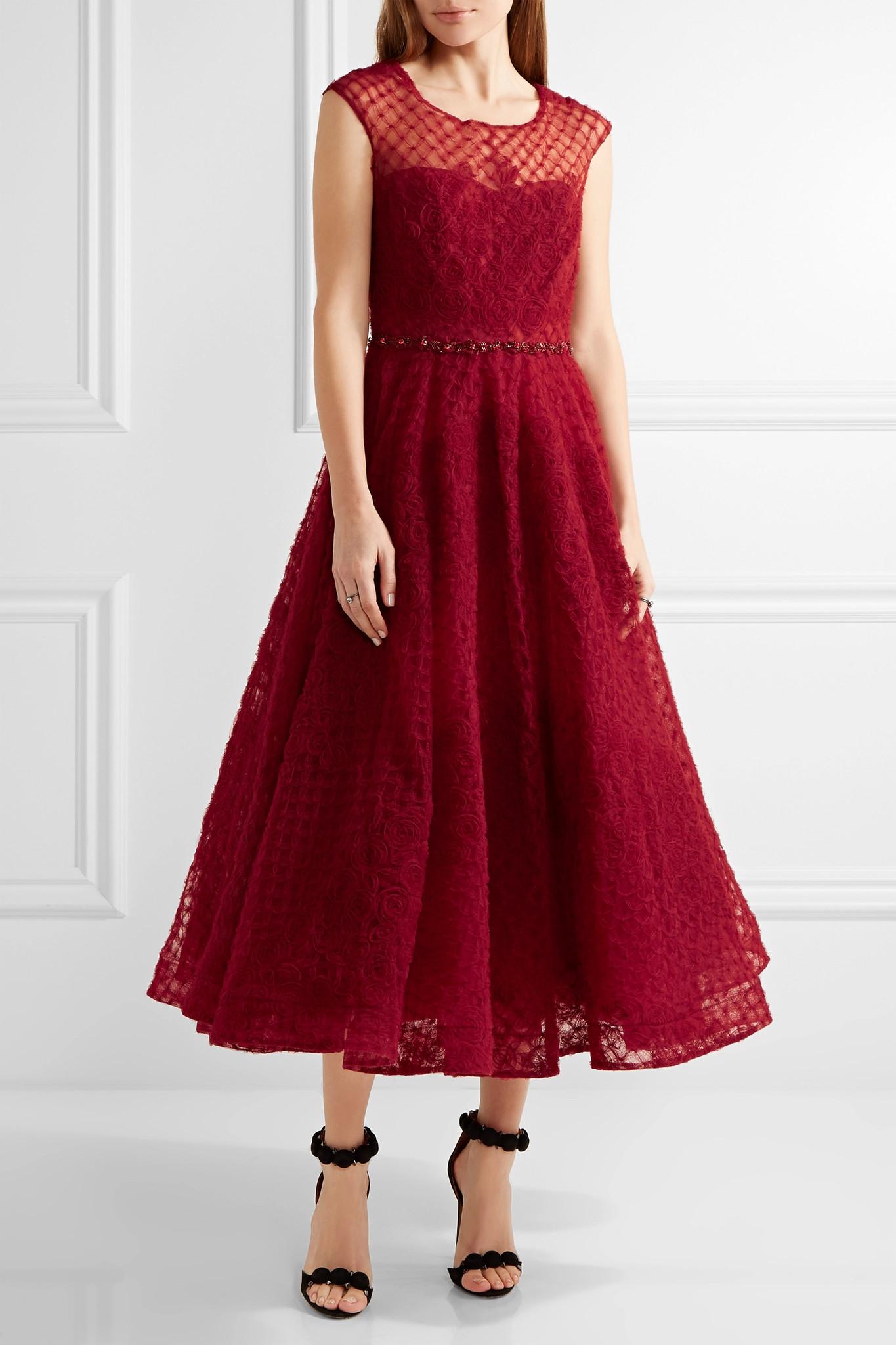 Marchesa notte Embellished Tulle Midi Dress in Red - Lyst