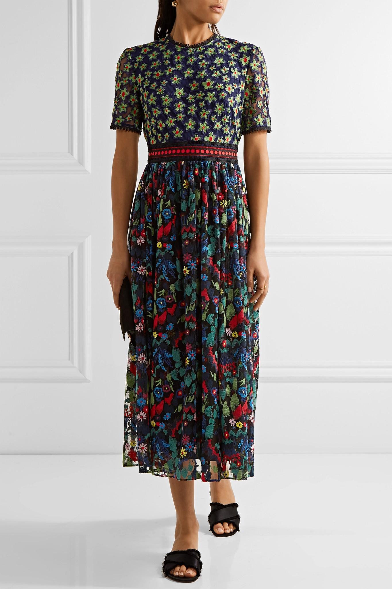 Saloni Jackie Crochet-trimmed Embroidered Tulle Midi Dress in Green - Lyst