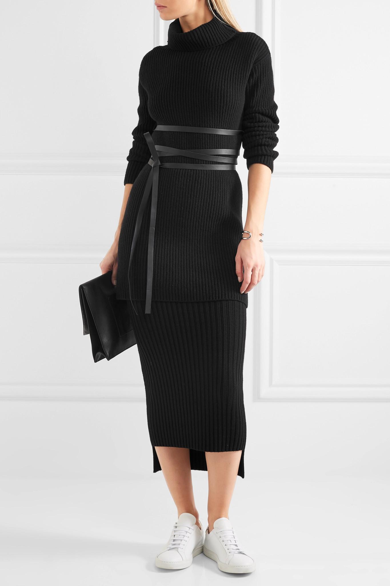 JOSEPH Distressed Ribbedknit Midi Skirt in Black Lyst