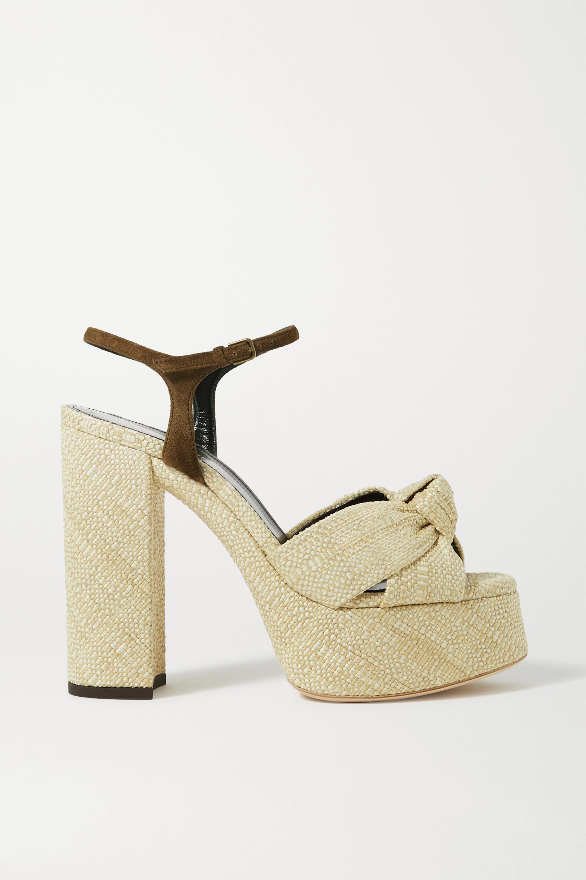 Saint Laurent Bianca Suede-trimmed Raffia Platform Sandals in Natural | Lyst