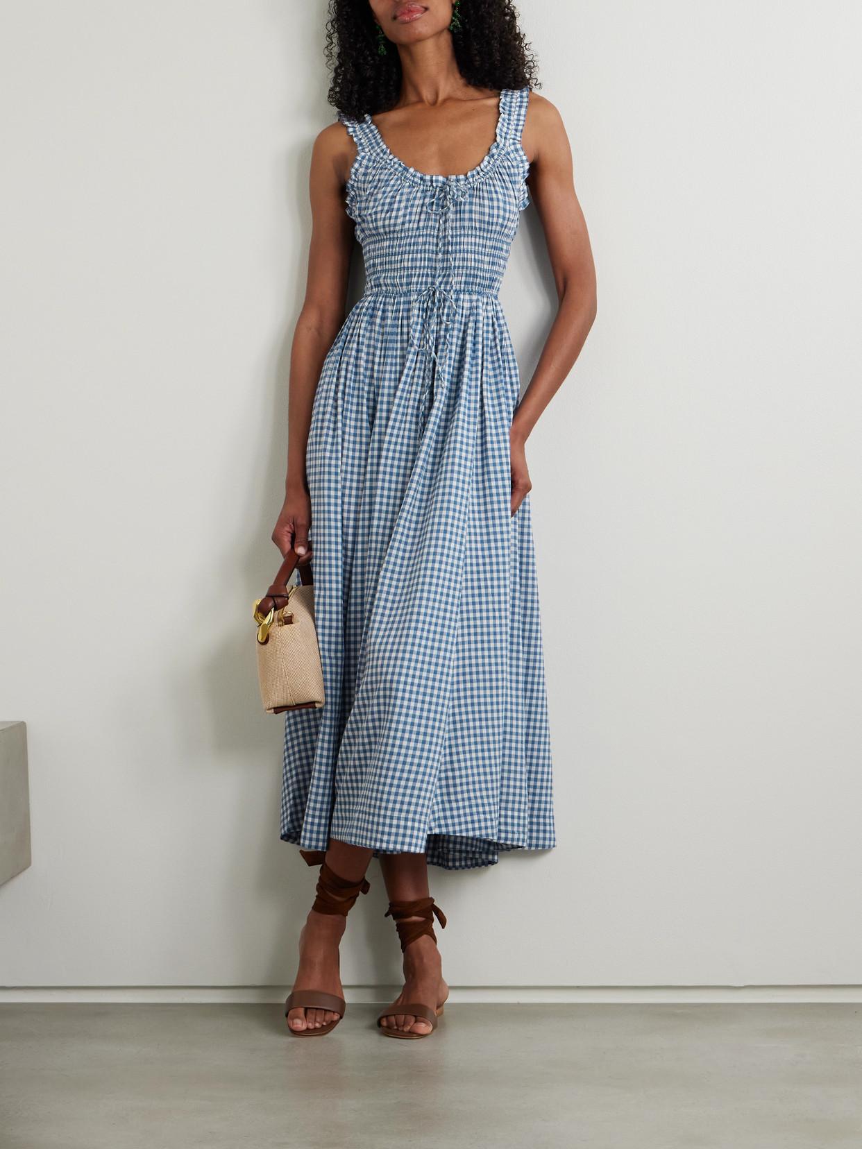 doen emmaretta dress red gingham Den Emmaretta Shirred Gingham Organic Cotton-voile Midi Dress