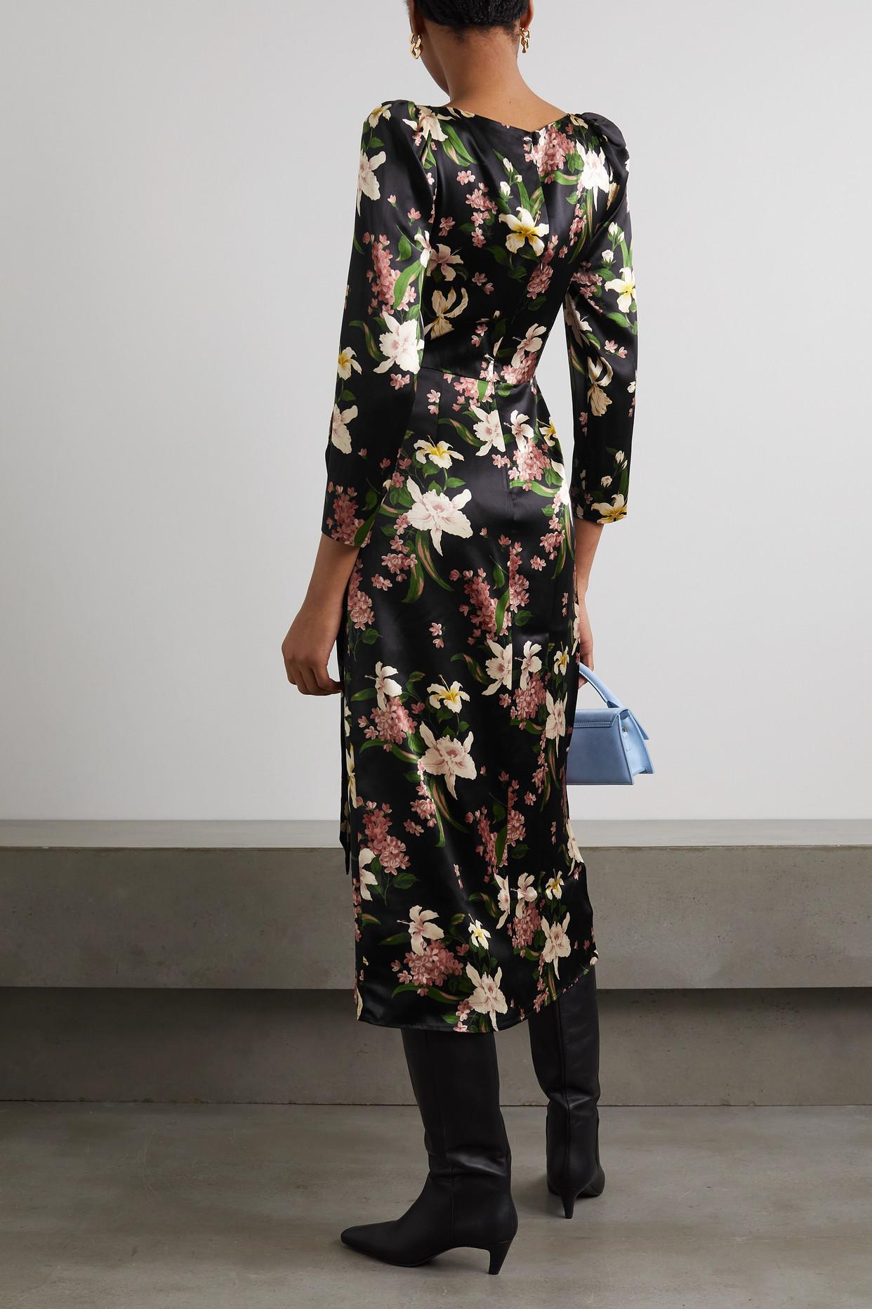 Reformation Cassis Floral-print Silk-satin Midi Wrap Dress in Black | Lyst