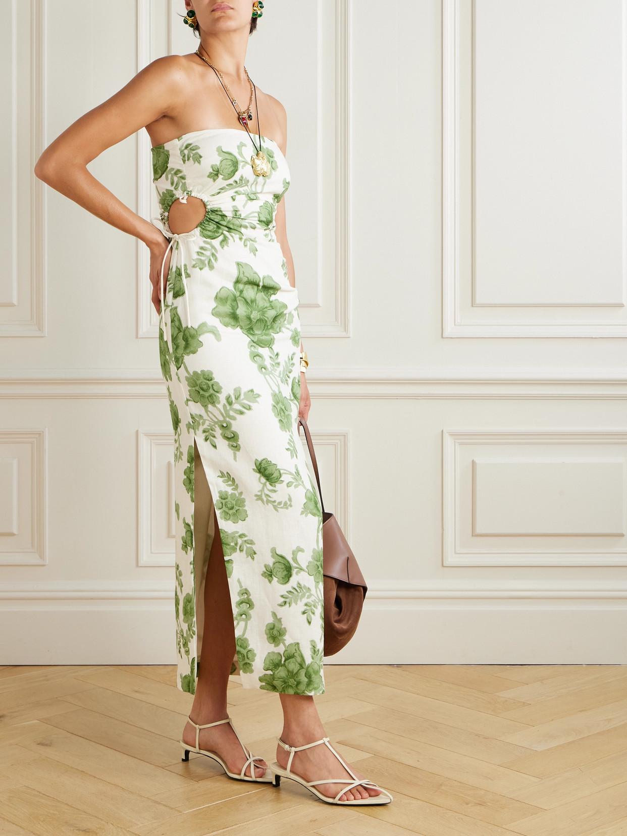 SIR. Gardella Strapless Cutout Floral-Print Linen Midi Dress in Green | Lyst