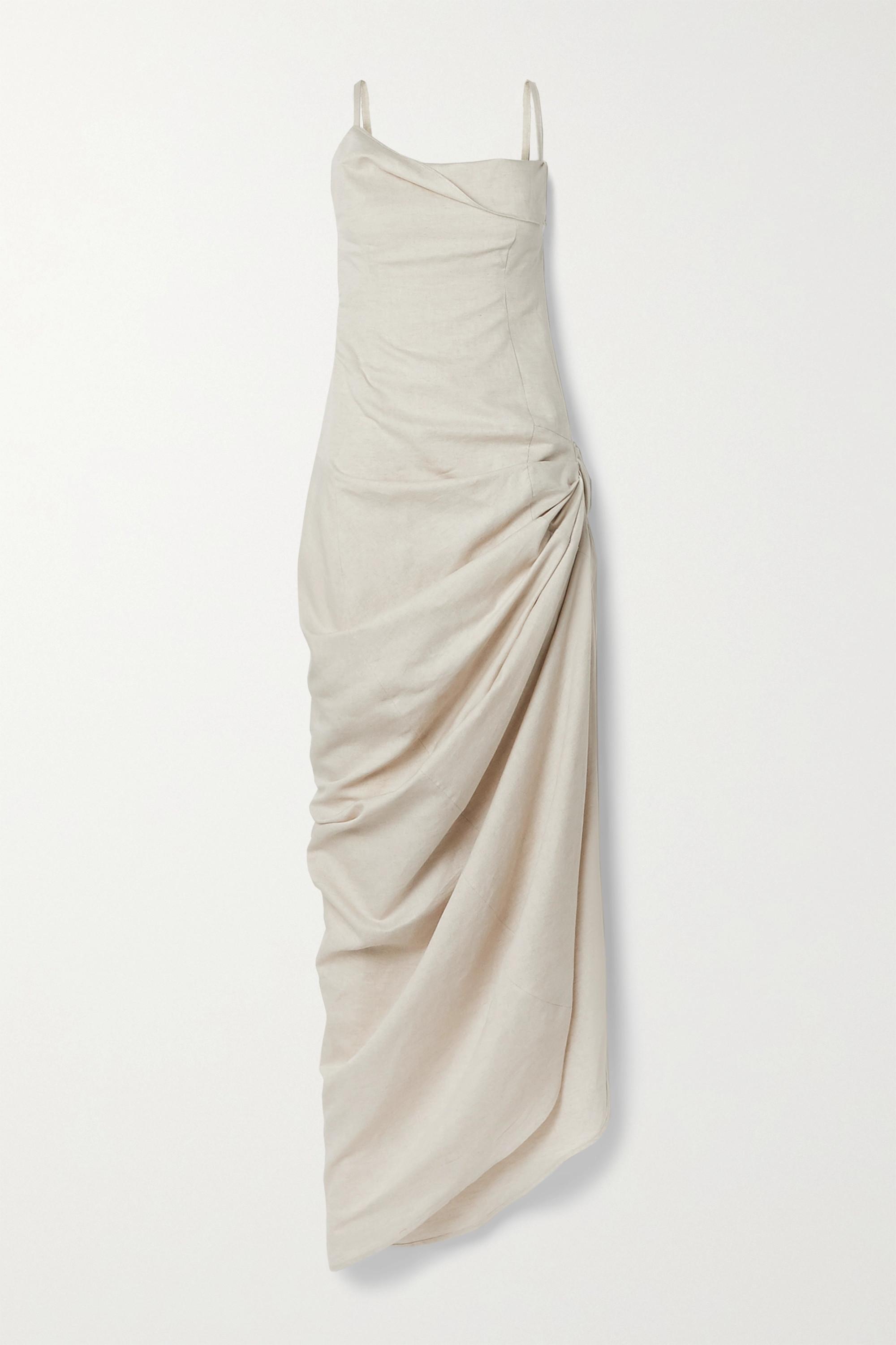 Jacquemus Saudade Ruched Linen And Cotton-blend Maxi Dress in Natural | Lyst