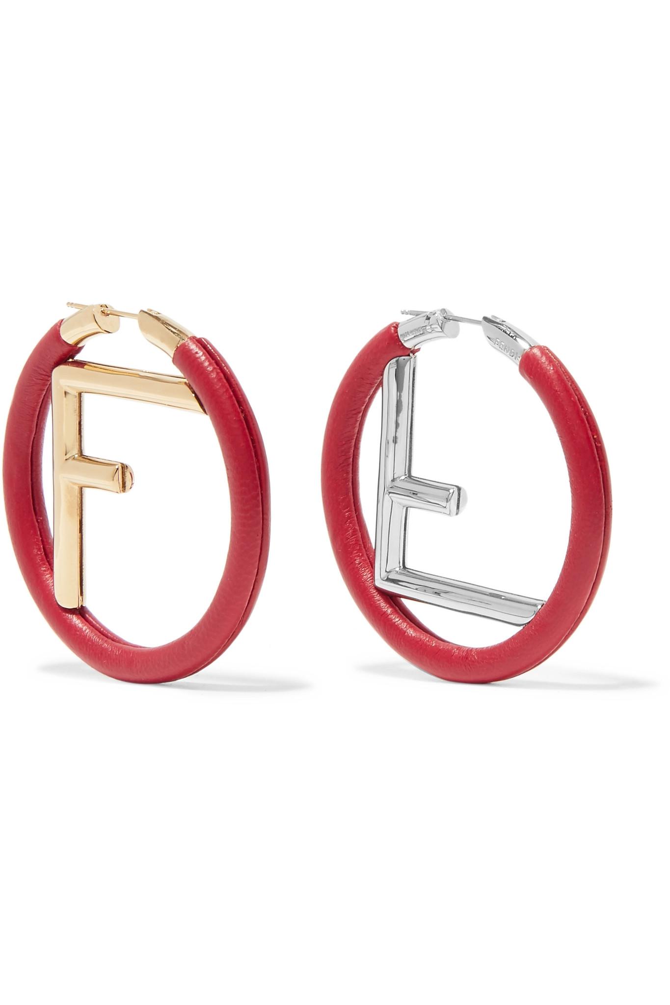 Fendi Gold And Silver-plated Leather Hoop Earrings in Red | Lyst