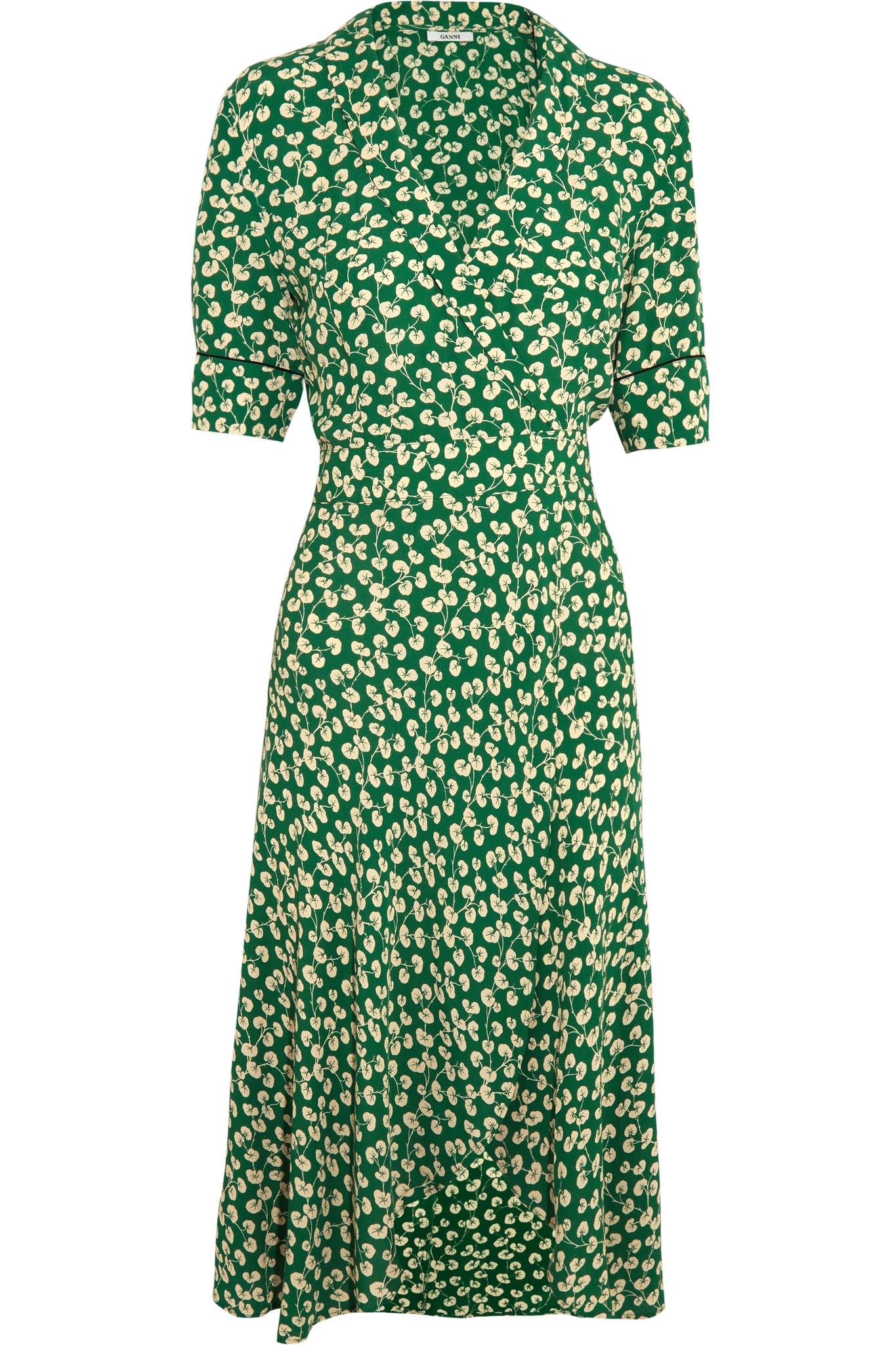 Ganni Dalton Floral-print Crepe Wrap Dress in Green | Lyst