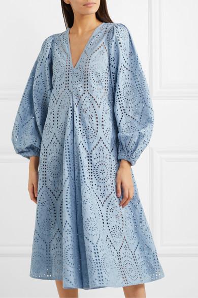Ganni Broderie Anglaise Cotton Midi Dress in Blue | Lyst