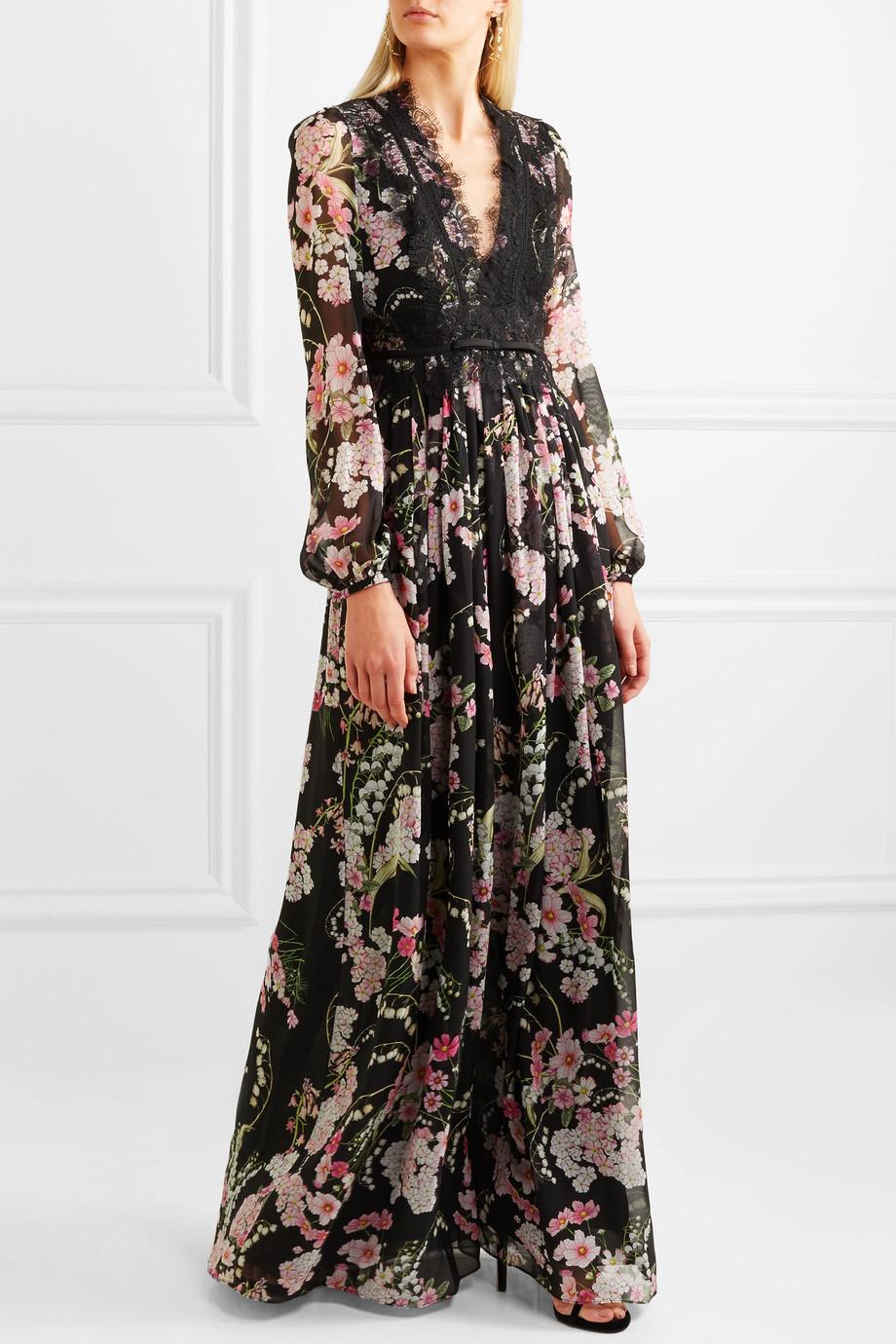 Giambattista Valli Woman Lace-trimmed Floral-print Silk-chiffon Maxi Dress  Black | Lyst