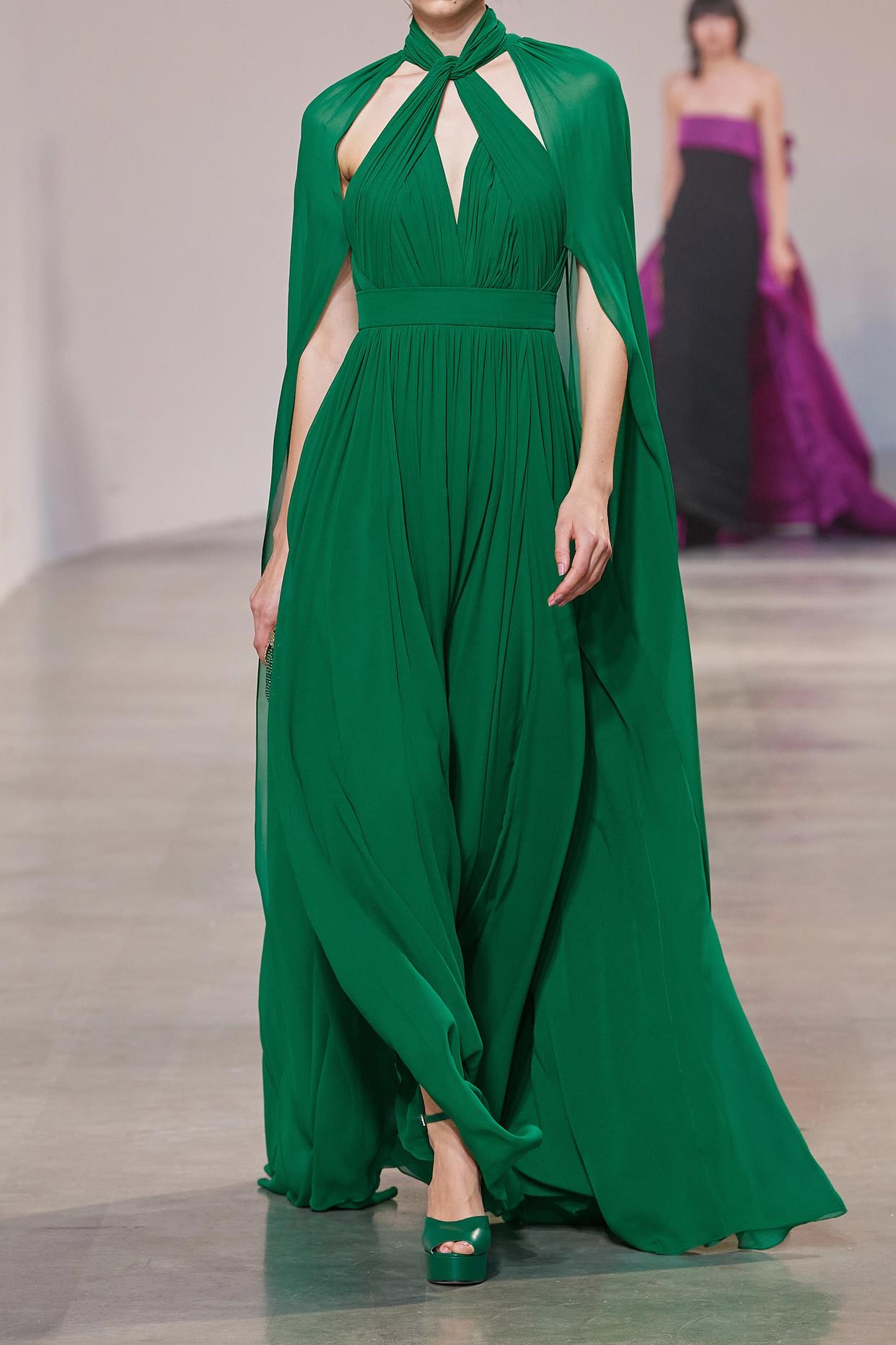 Elie Saab Cape-effect Cutout Pleated Silk-chiffon Halterneck Gown in Green  | Lyst