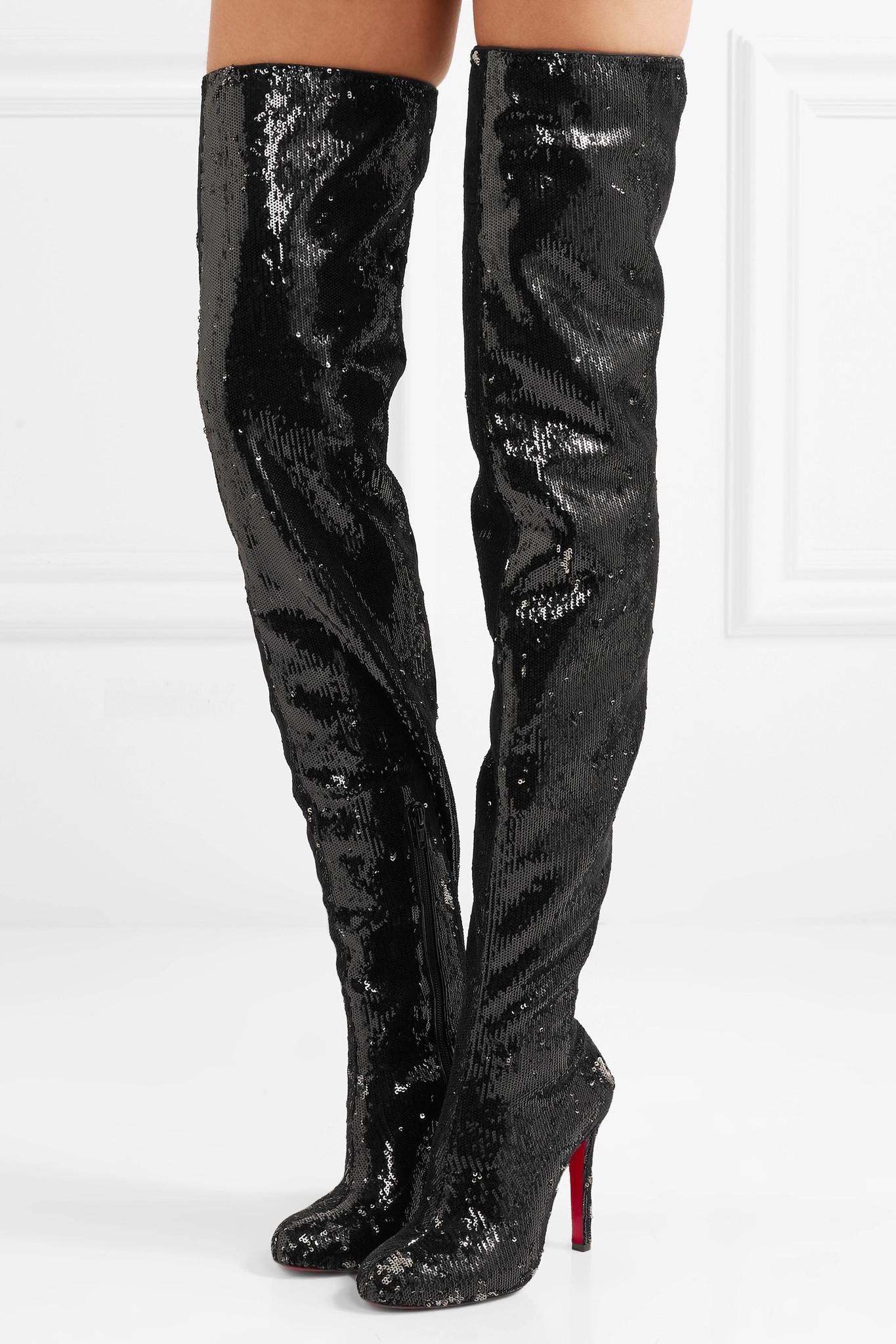 Christian Louboutin Louise 100 Sequined Leather Over-the-knee Boots in  Black | Lyst